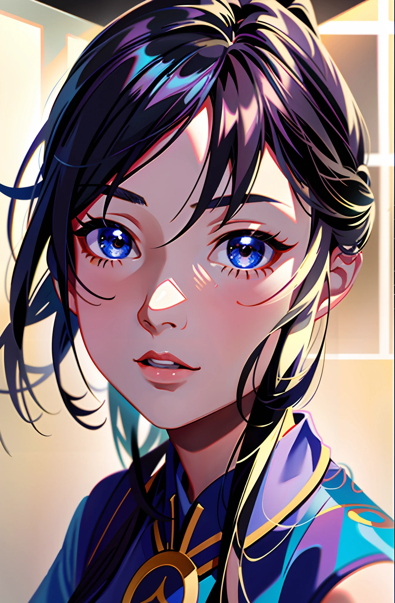 "Young cute asian girl face，In gorgeous digital paintings，Young girl in blue shirt and long hair，Anime avatar，Soft portrait，soft digital painting"