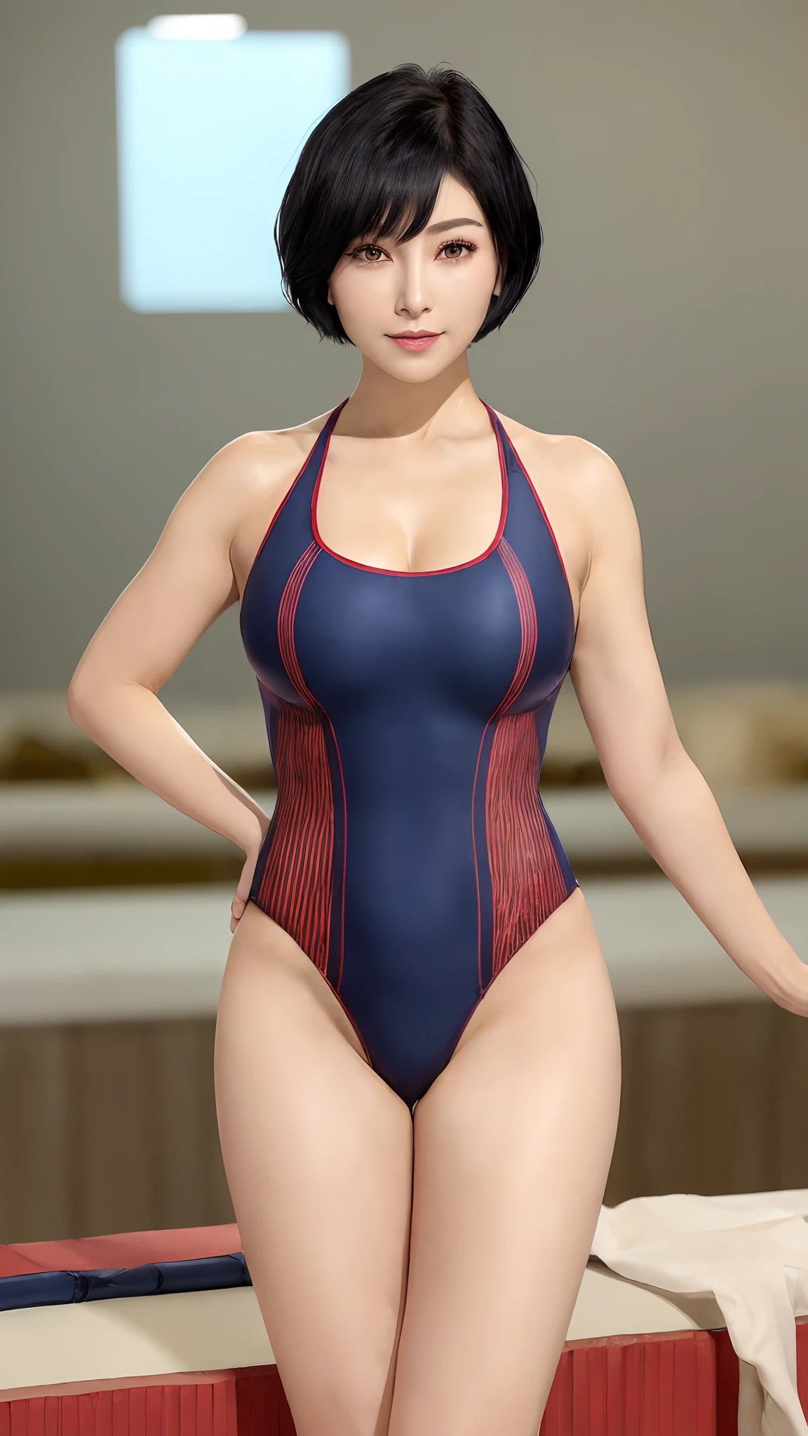 in 8K、超A high resolution、Best Quality、masutepiece(huge-breasted:1.3)Hide all breasts and belly、(Red and navy blue lines、Pretty High Leg T-Back Swim Racing Suit、highleg:1.5)、(Stand with your crotch wide apart、stand up、Standing、Gani crotch:1.5)(Put your hands behind your head、Show the armpits:1.2)(Lazy river:1.3) (Black hair short bob:1.3)、(Tempered body、Toned body、Split abs:1.38)Eye lashes、long lashes、Distinct double eyelids、a small face、(Highlights in the eyes、lipgloss)、Fine-grained skin、kawaii faces