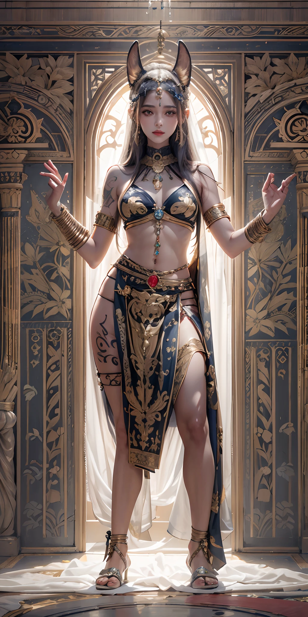 photorealistic, high resolution, soft light,1women, solo, hips up, shining skin, (detailed face), A woman wearing an idol of the god Anubis on her head, jewelry, tattoo