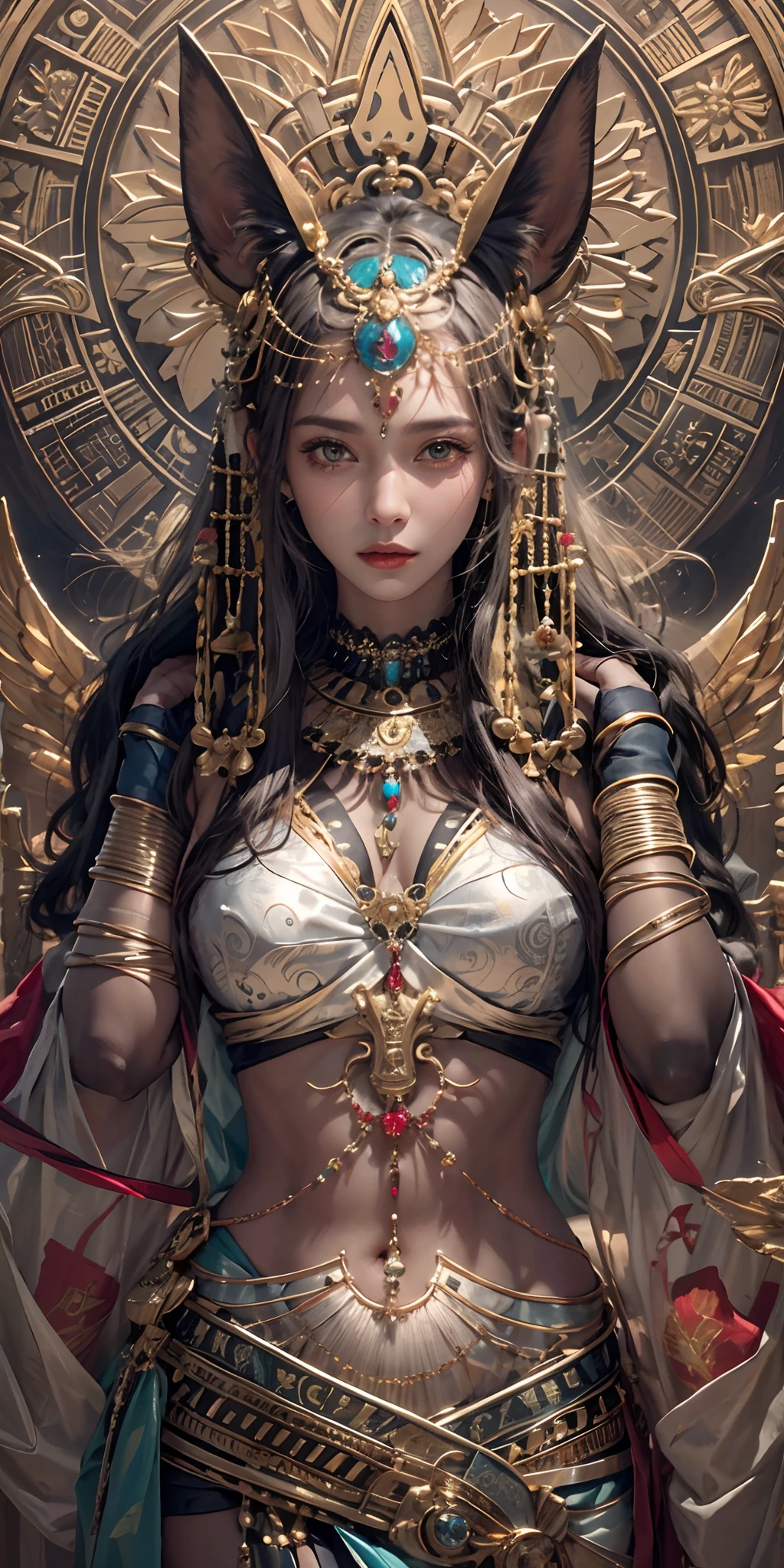 photorealistic, high resolution, soft light,1women, solo, hips up, shining skin, (detailed face), A woman wearing an idol of the god Anubis on her head, jewelry, tattoo