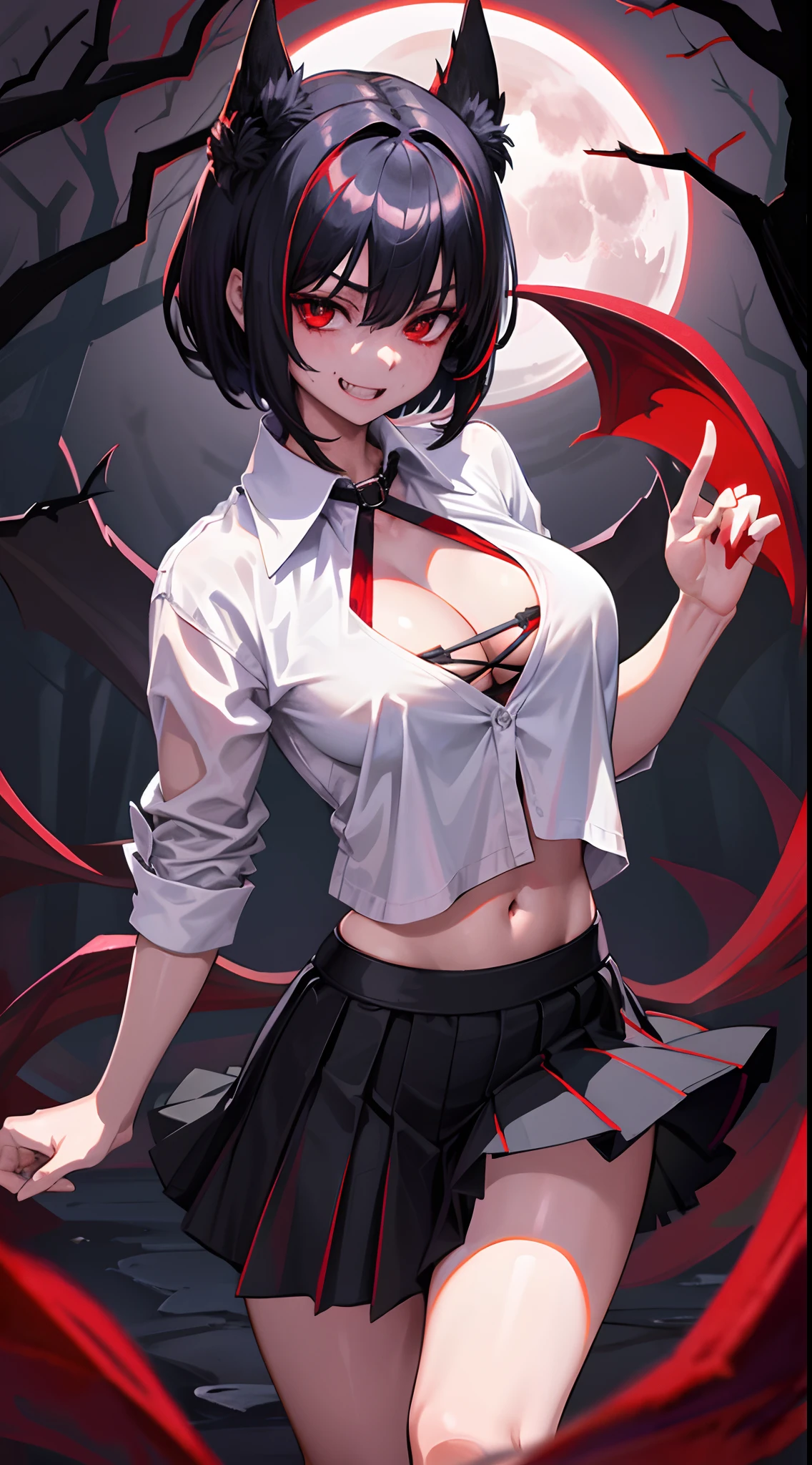 bad-girl, mature female, masterpiece, best quality, ultra detailed, 1girl, black hair with red streaks, short hair, red eyes, glowing eyes, detailed eyes, evil smile with fangs, blood dripping from mouth, short white shirt stained with blood, black skirt, navel , cleavage, night, moonlight, trees, plants, flowers, bats, horror scenery, detailed scenery