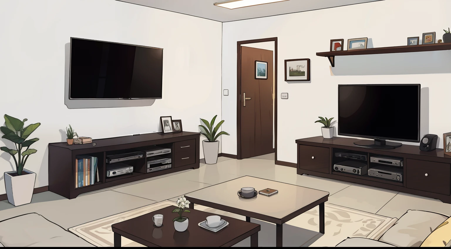 uma tv , em uma sala branca com uma parede branca e piso branco , fundo da sala de estar