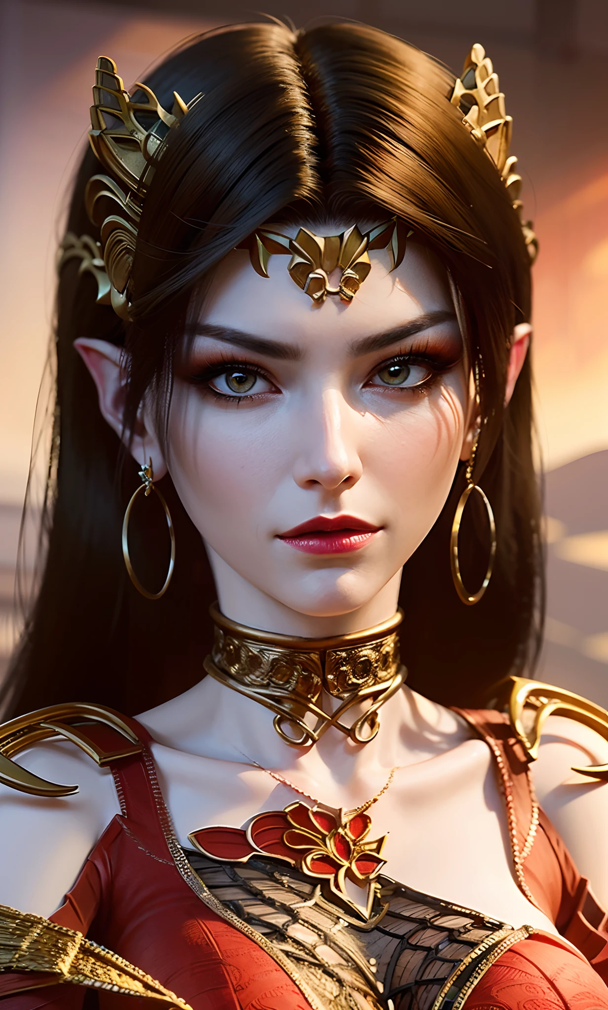 1 very beautiful queen medusha in hanfu dress, thin red silk shirt with many yellow motifs, black lace top, long hair dyed black, beautiful hair jewelry, pretty face pretty and cute, perfect face, earring jewelry, head and hair jewelry, antique jewelry, big red eyes, sharp eye makeup, meticulous makeup eyelashes, thin eyebrows, nose tall, pretty red lips, no smile, pursed lips, rosy cheeks, breast augmentation, wide breasts, big breasts, well-proportioned breasts, slim waist, red mesh stockings with black lace, Chinese hanfu style, (large breasts), fictional art patterns, colors vivid and realistic, RAW photos, realistic photos, ultra-high quality 8k surreal photos, cool photos, (virtual lighting effects: 1.8), 10x pixels, magic effects (background): 1.8), super detailed eyes, beautiful girl body portrait, (full body:1.3), (standing:1.2), girl alone, ancient hanfu background, looking directly at the audience, wide original photo, 8k quality, super sharp, detailed and clear picture best, detailed light background,