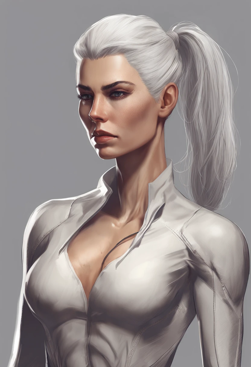 Tall girl, White hair tied in a ponytail, Female anatomical drawing half-sideways, muscle fibers, gray background, Concept art