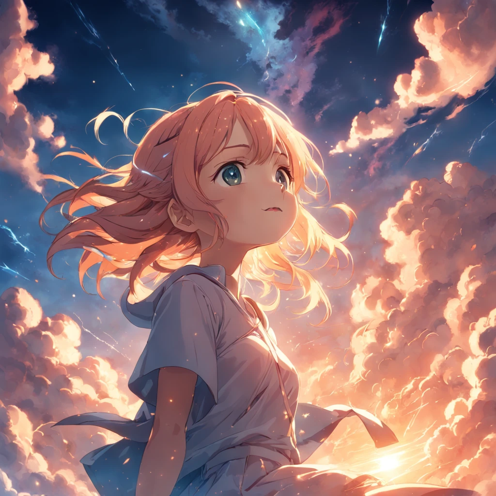 masterpiece, best quality, movie still, 1girl, cloud girl, floating in the sky, close-up, bright, happy, warm soft lighting, sunset, (sparks:0.7)