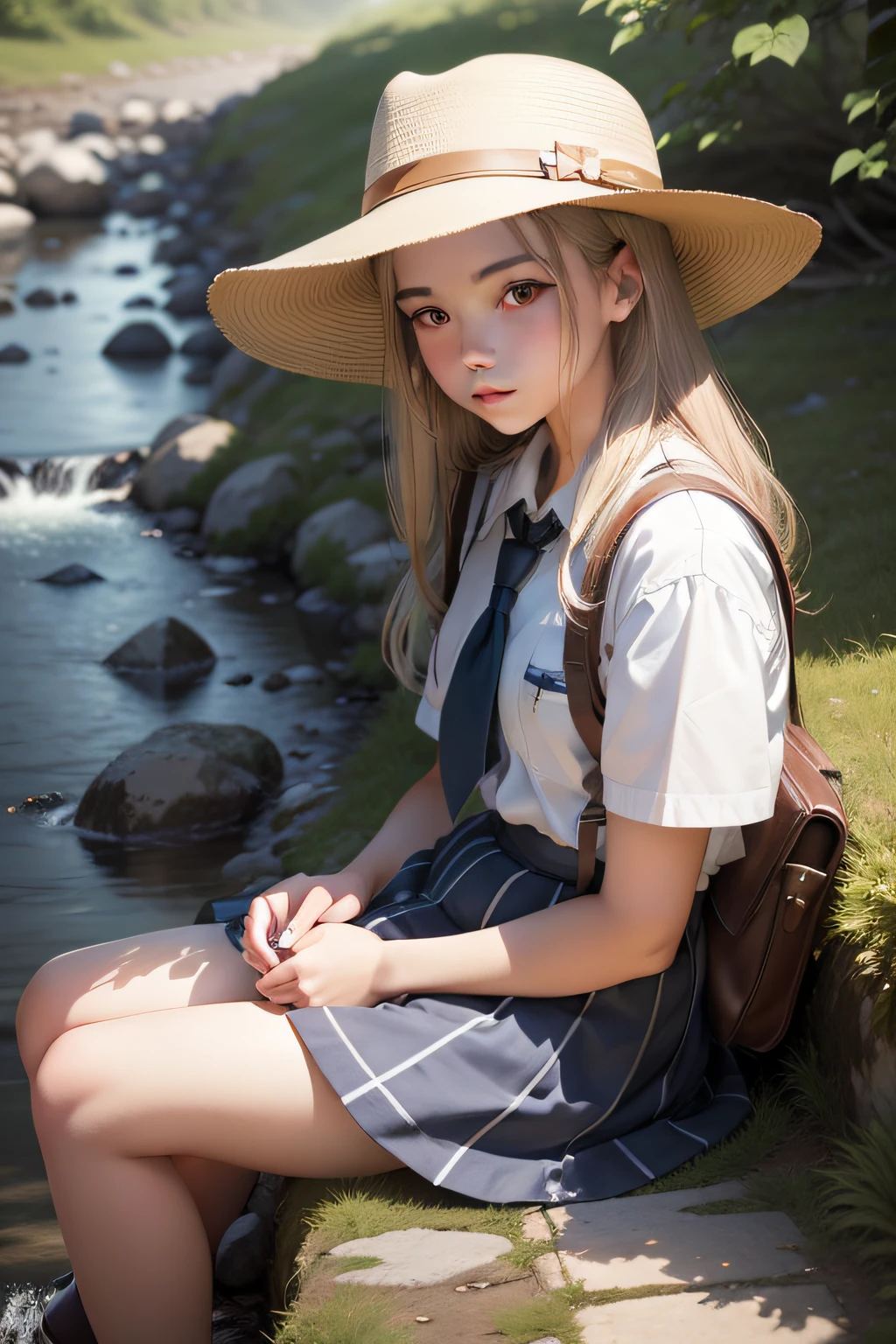 Beautiful,18yr old,schoolgirls,long whitr hair,idyllic,doggy,mont,Sit by the creek,wearing hat
