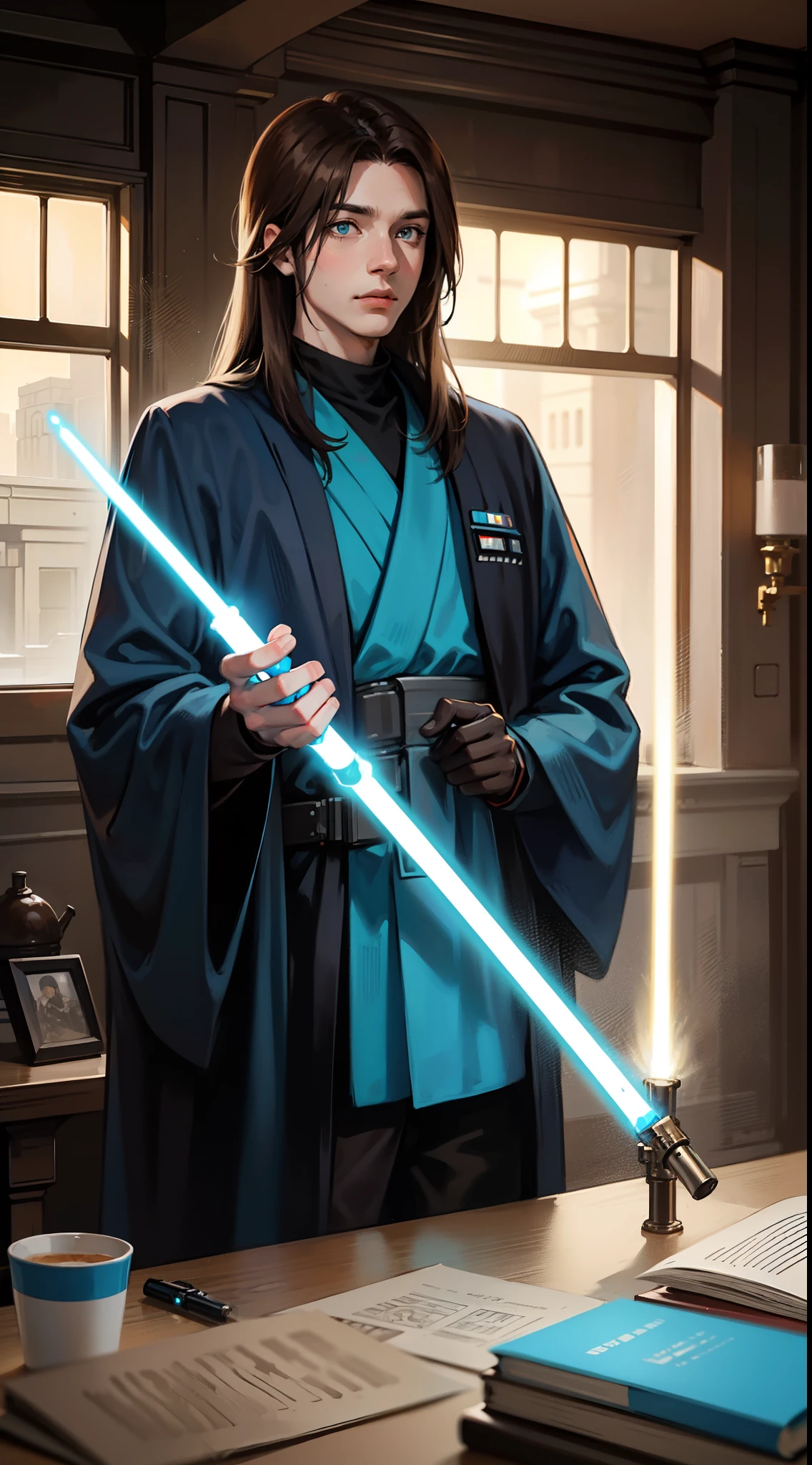 adult man, Long brown hair, Cyan eyes, Blue Rob Jedi, Lightsaber, Darth Revan, Masterpiece, hiquality