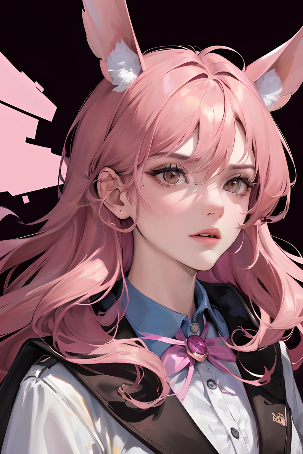 (Highest resolution, distinct_image) Best quality, A masterpiece of women, Highly detailed, Half realistic,(Most of the body),Pink Long Hair, bangs, 18 years old, Young,Black accessories,Pink-purple flight suit,stand-up collared shirt,sharpy face,(Brown eyes, hair between eye), Fluorescent long coating (Broken glass),(Plain white background),Cold, Serious,authoritative,Powerful,(Standing painting),(Exquisite facial features, Exquisite facial features)