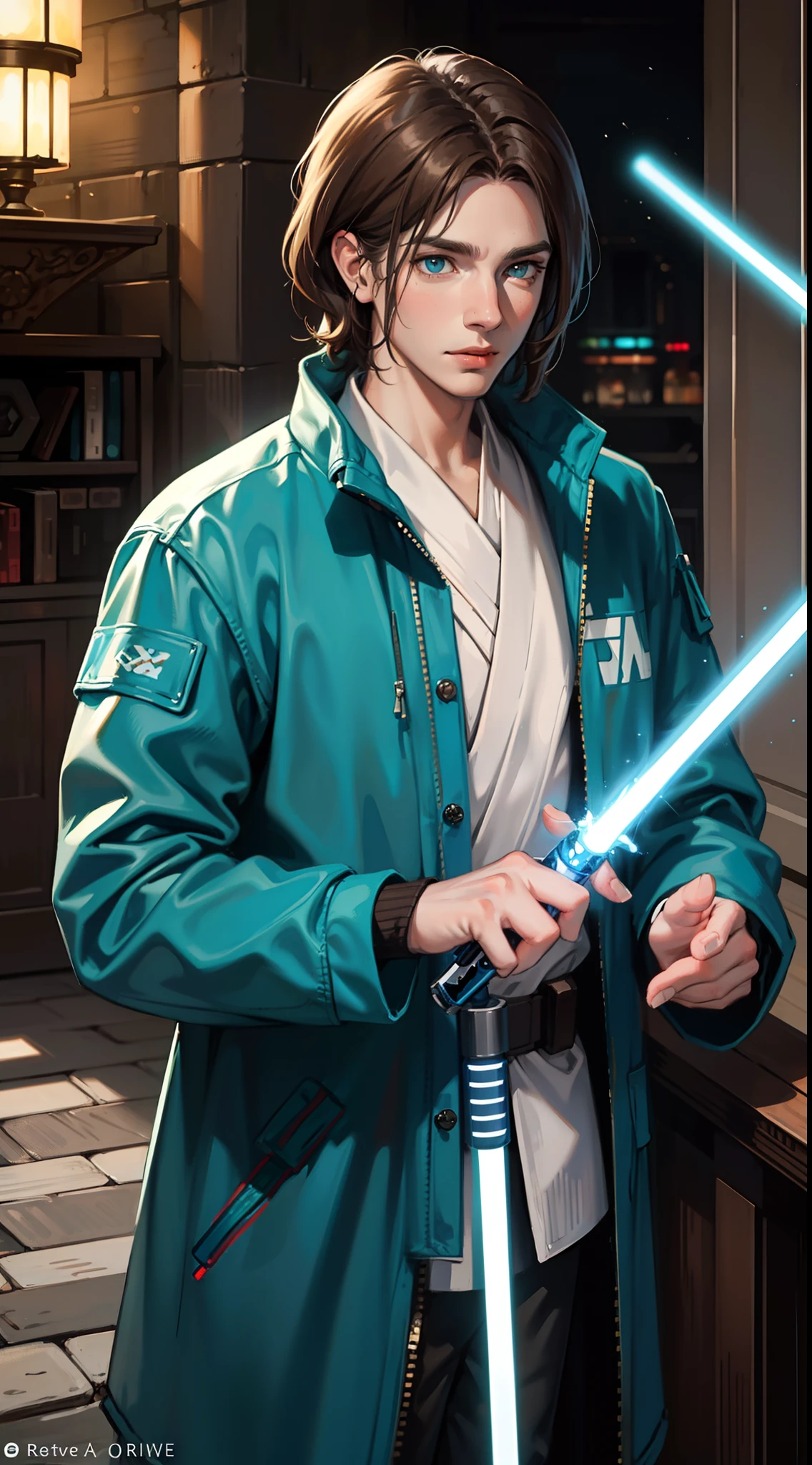 adult man, Long brown hair, Cyan eyes, Blue Rob Jedi, Lightsaber, Darth Revan, Masterpiece, hiquality