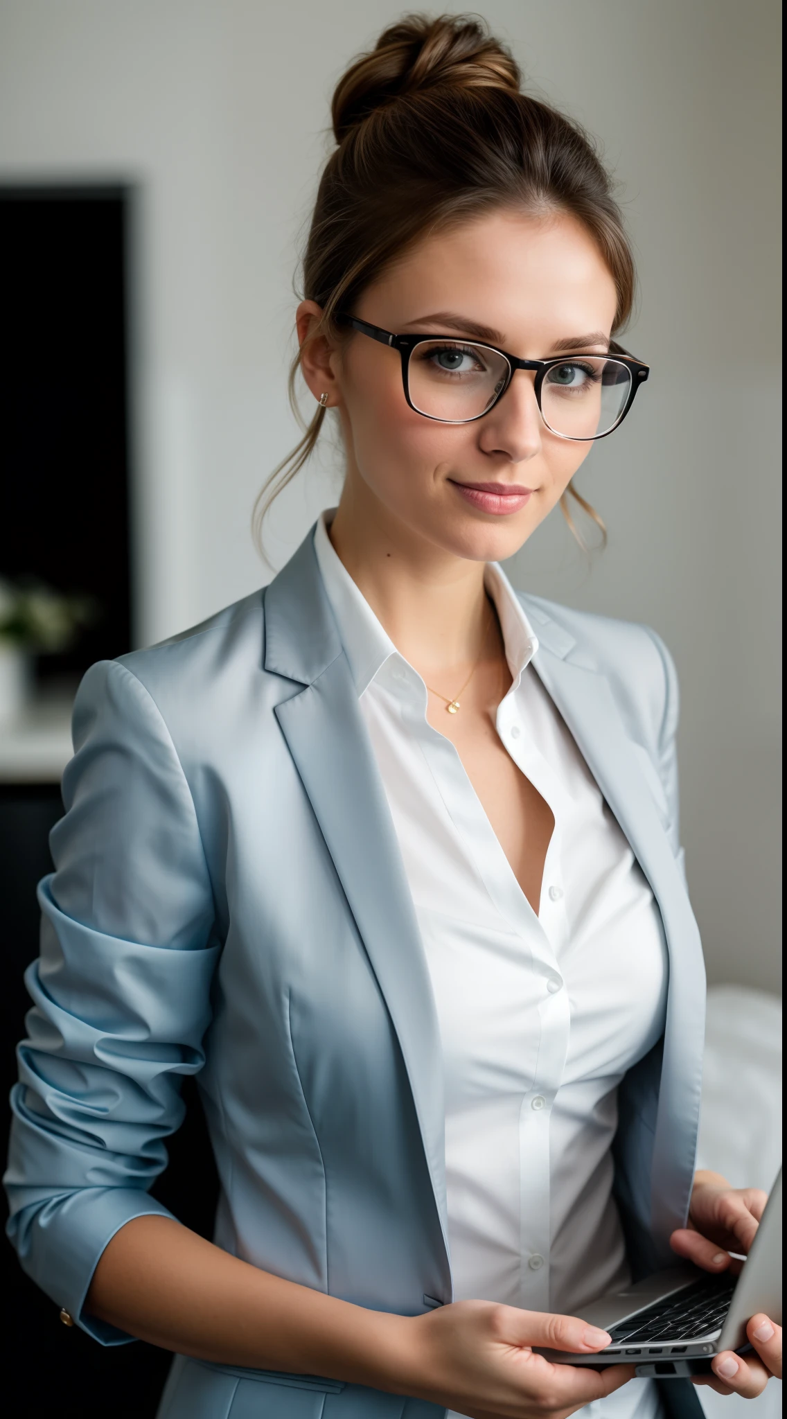 RAW photo, 29 year old russian woman wearing white business shirt with dark jacket, smirk, messy bun, glasses, slim body, at home, designer, holding a laptop, detailed face, blue eyes,standing full-frontal, Full-length, Body and head directly in the photo, dark black background image, elegant and elegant, facing the viewer of the photo, Eyes fixed on the lens, The shoulders and head appear in the photo, shallow depth of field, (high detailed skin:1.2), 8k uhd, dslr, soft lighting, high quality, film grain, 20mp, Fujifilm XT3, 80mm, hasselblad