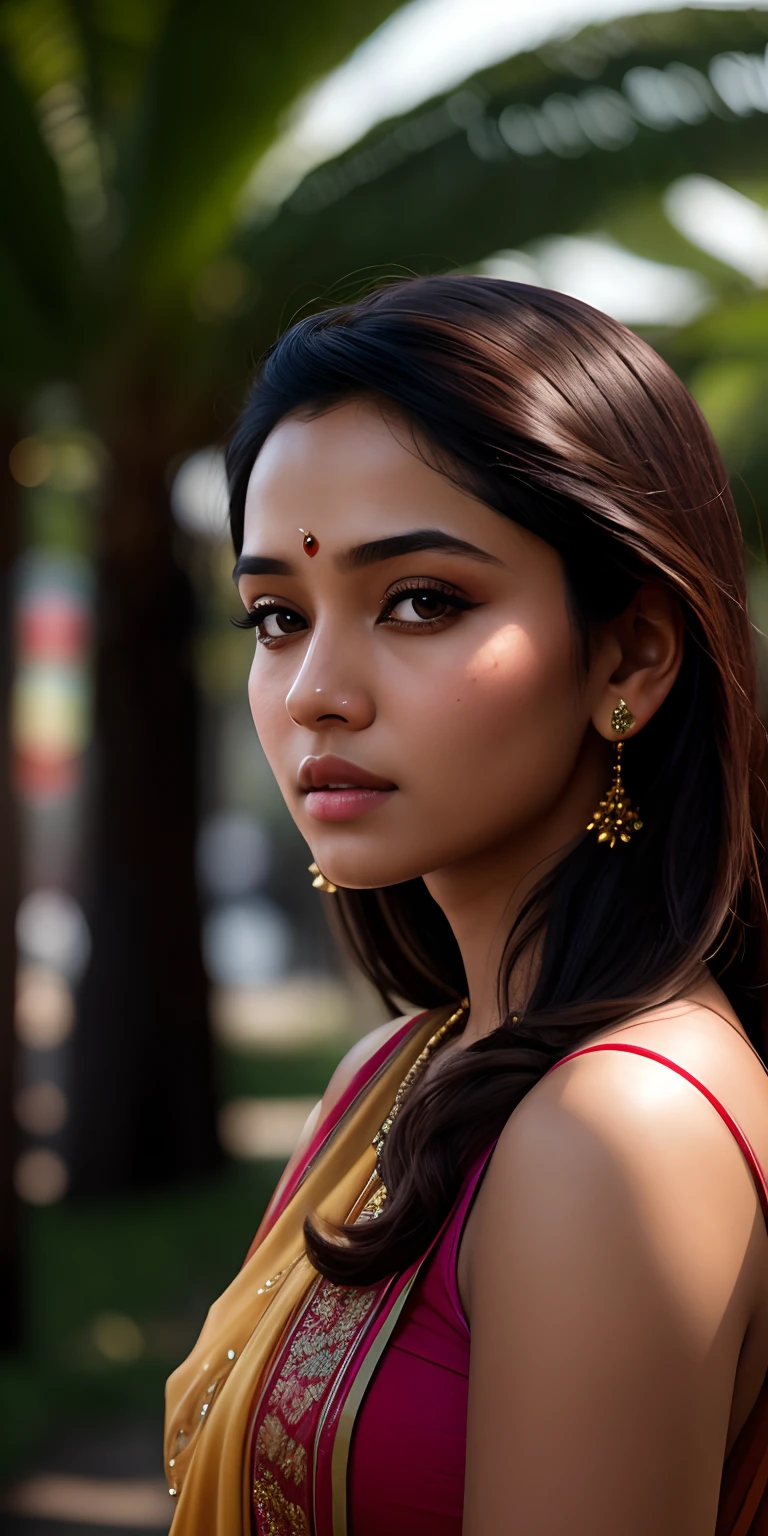 (Frontview:1.5),(longshot:1.5),24-28 Years Old bollywood indian female fashion mode,bob hair style,brown skin,dressed Sari,Happy expression on face,at the night market,backlight, extremely realistic, 8k, insane details, intricate details, cinematic color graded,Color Grading, Editorial Photography, Photography,sharp focus, taken with a 60mm lens, ISO 300, f/4, 1/200th