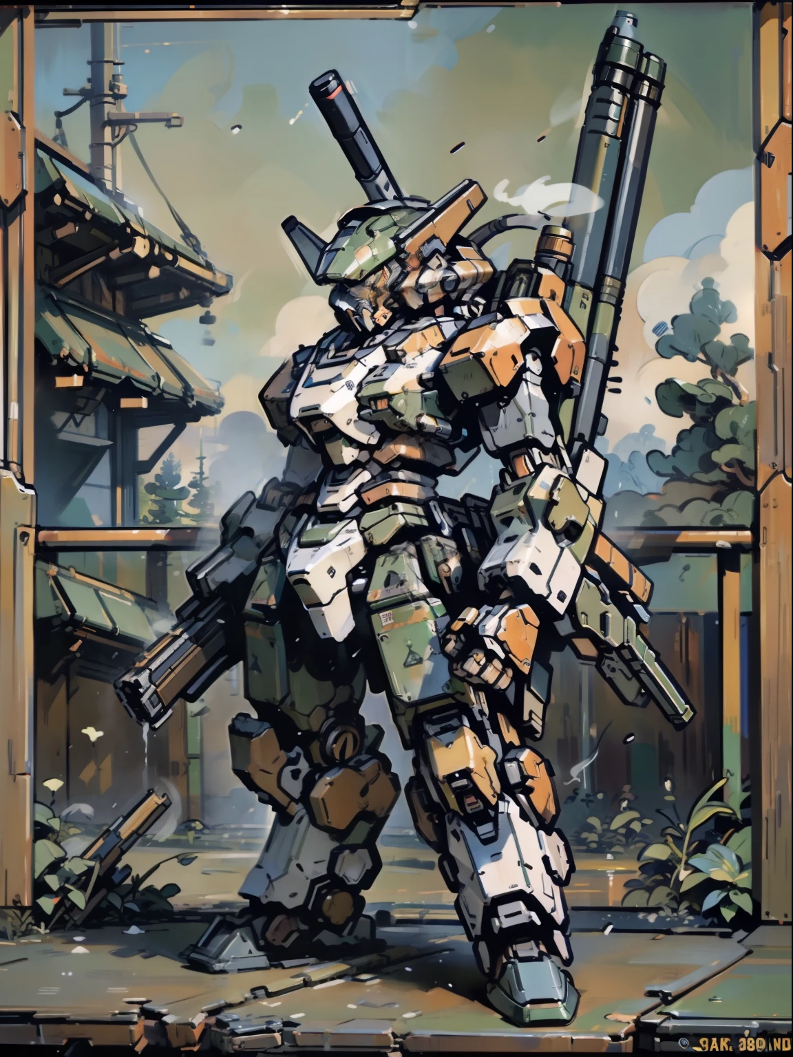 gatling gug,glowing,gun,holding,holding gun,holding weapon,((mecha)),no humans,robot,signature,smoke,standing,weapont,monet color,,stream,close shot,,oil painting,((post-impressionist)),Post Impressionist,Droplets,well,soft lighting,COOL,