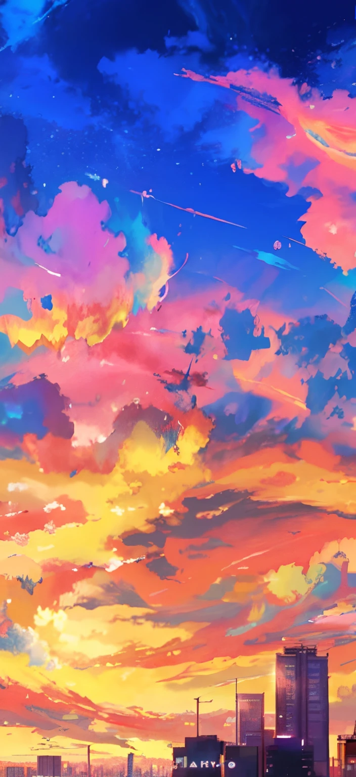 Anime city skyline with colorful sky and clouds, Anime Cloud, Anime Sky, anime backgrounds, arte de fundo, Anime background art, background artwork, Detailed sky, Anime art wallpaper 8 K, low details. Digital painting, Detailed digital painting, Colorful clouds, Anime art wallpaper 4 K, Anime art wallpaper 4k, space clouds, beautifull puffy clouds. anime big breast
