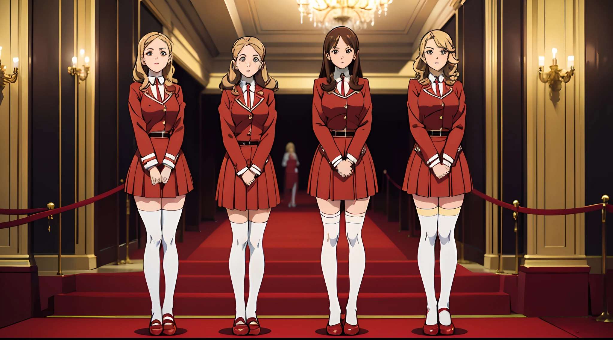 (Anime screencap), (masterpiece, high quality, best quality), brown hair, blonde hair, curly hair, hazel eyes, red sexy skirt suits, red blazers, red pencil skirts, white thighhighs, black high heels, uniforms, (thousands of, millions of, crowd of), identical girls, crowd shot, identical sisters, clones, (matching hairstyles, matching outfits, matching faces), (crowded, filled with clones), in straight lines, clones in background, in perfect formation, same pose, straight arms, arms on sides, smiles, mansion, (full body, family picture, sisters only)
