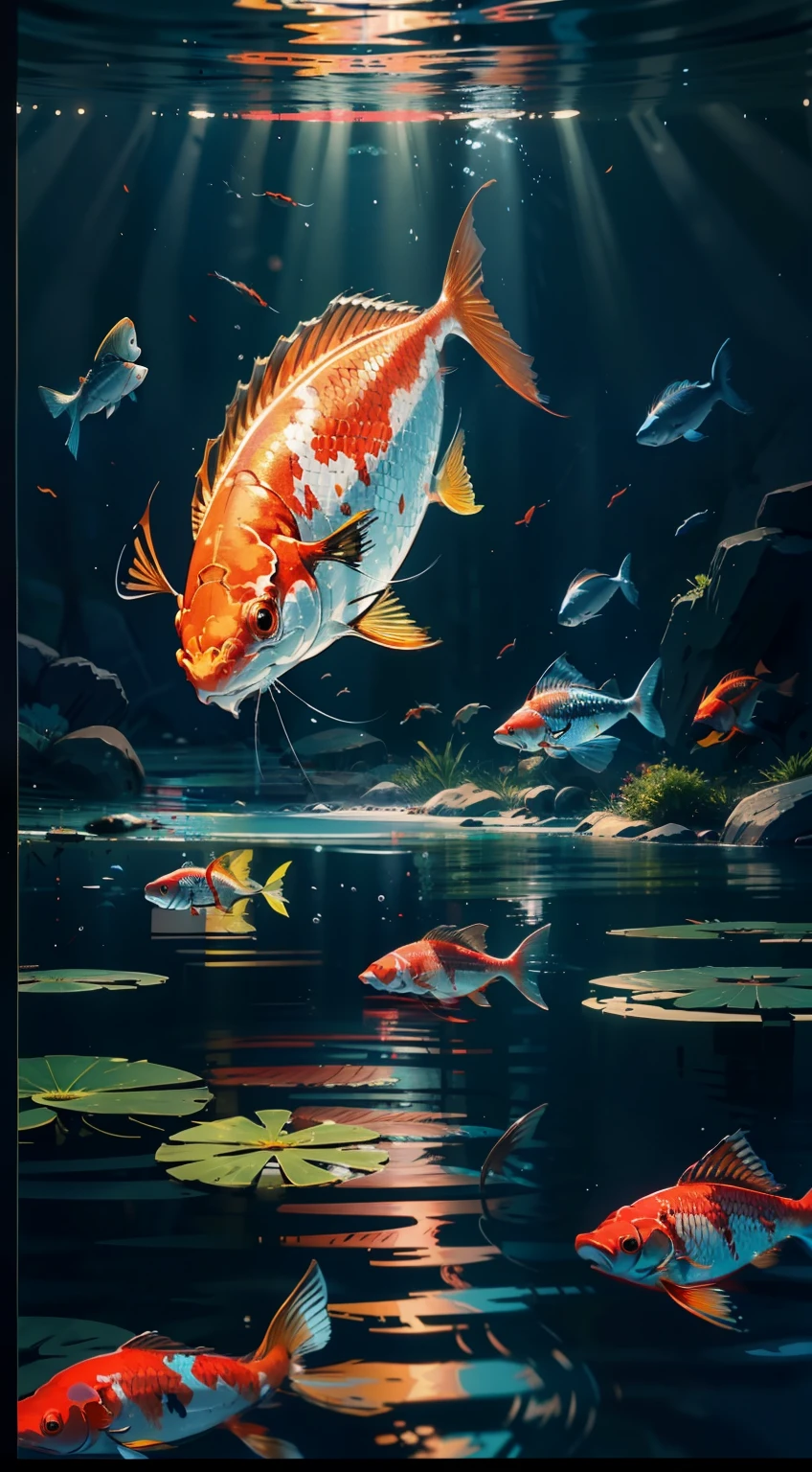 A large red carp swims freely in a deep pool,(Chinese koi),golden red fish tail,It has a visually striking carp head,long whiskers,Nearby is a blue carp,There is also a rainbow-colored fish,The vista is a few small fish,Lots of blisters,Several species of seaweed,A plant,Water streaks,Light shines from underwater to underwater,Elevation viewing angle,(light and shadow effect),(Depth of field effect),(Tyndall),(Light particle tracing),(CG),(Cinematic lighting visuals),(Volumetriclighting),(Unreal 5),(cinema4d),(vivd colour),(Obvious layers),(Photography Award),(8k wallpaper),(Masterpiece),(best qualtiy), photorealestic,realisticlying