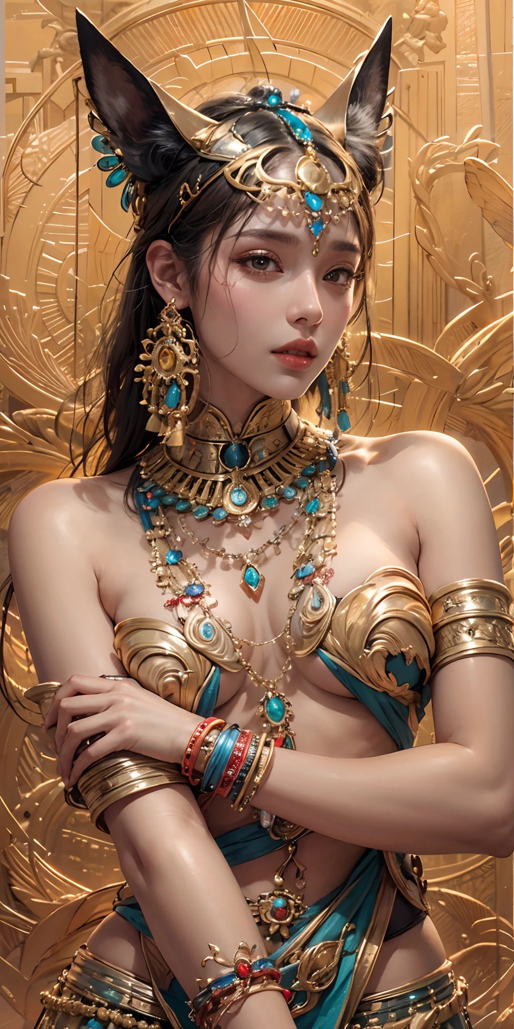 photorealistic, high resolution, soft light,1women, solo, hips up, shining skin, (detailed face), A woman wearing an idol of the god Anubis on her head, jewelry, tattoo