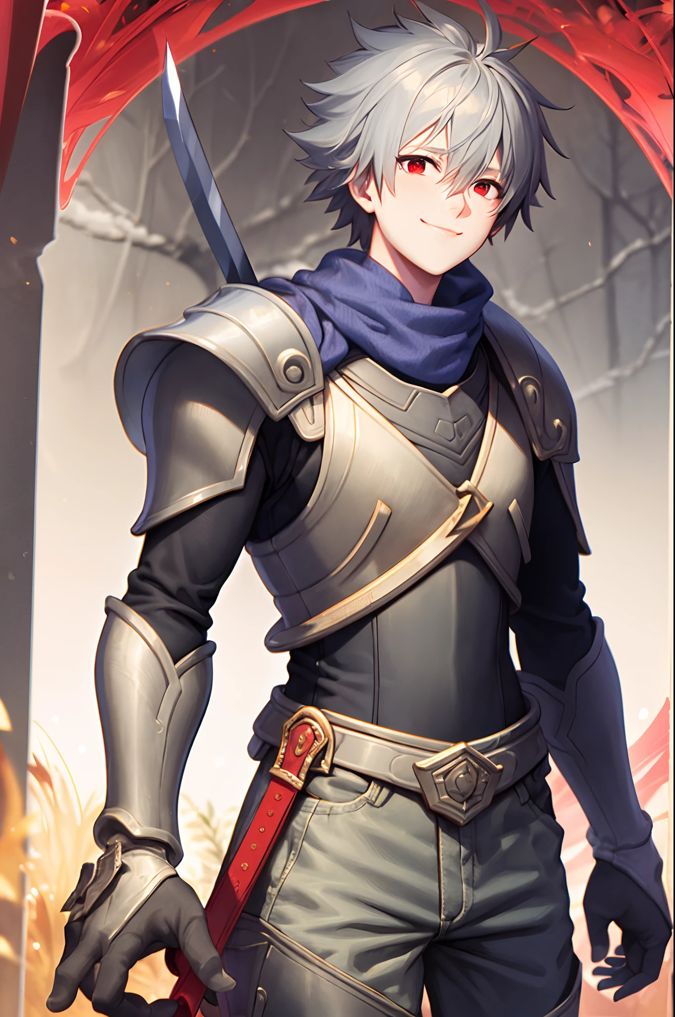 masterpiece,highres,highly detailed,male focus,1boy,solo,red eyes,grey hair,smile vest, walking full armor, eterochromacia , red and green eyes, sword holding, walking fantasy, forest