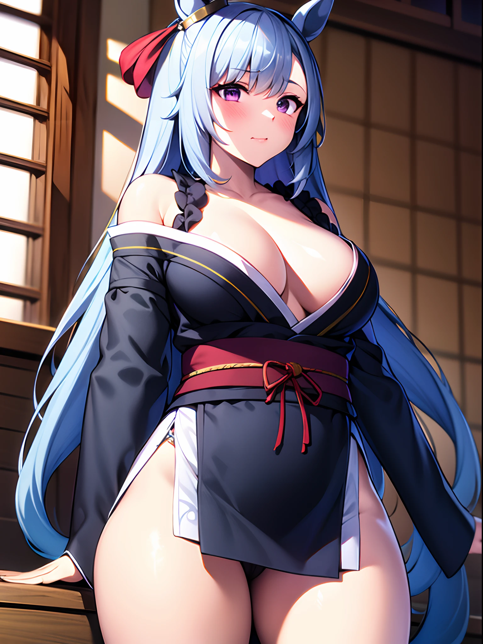 masterpiece, Best Quality,top-quality,{{{1 photo}}},{{{Mejiro Aldan/Umamusume}}},{{very long hair of light blue color}},Purple eyes,red blush,a closed mouth,{{{Normal}}},{{{Kimono with open chest}}},Black kimono,no-bra,{{{Purple luxury kimono}}},{{{Pictures of the Dark}}},{{{lantern}}},Great backlight,open the legs widely,{{{Hide your hands behind your body}}},{{{Bold M-shaped legs}}},{{{laying on back}}},{{{Tatami Japanese-style room}}}},Crotch focus,bare-legged,Crotch focus
