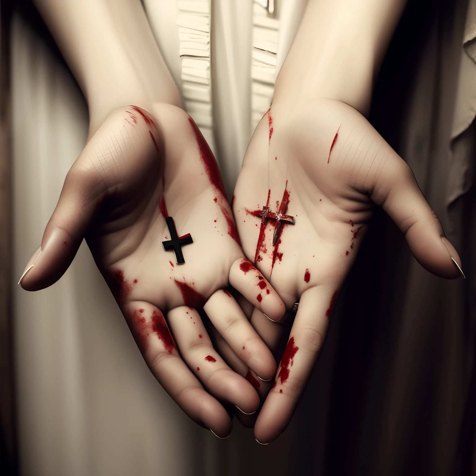 Someone is holding your hands with blood on them and a cross in the palm of your hand, manchado e sangrando, religioso, foto de terror, salpicado de sangue, chains broken on hands, Bloody, sangue, coberto de sangue, empty hands, hands retouched, pale woman covered with blood, Crueldade, Feridas, holding a holy symbol, manchas de sangue, editing, scary horrifying satanic rituals