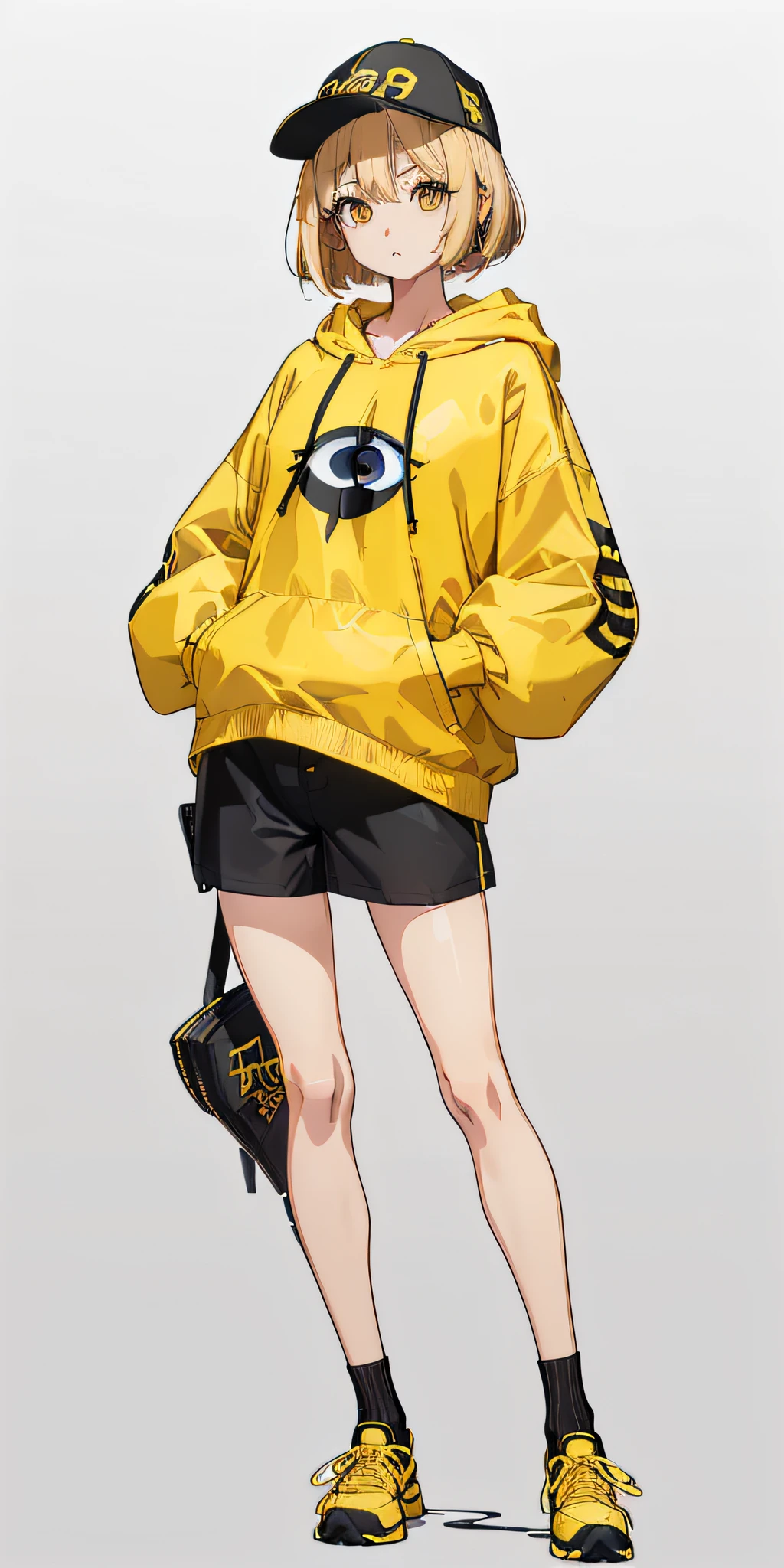 ((1 girl)), ((anime, large eye, deformation, cute, anime character, simple, eye highlight, simple small nose, few hair highlight, smooth line)), ((((Emphasis on image quality、top-quality、in 8K、masterpiece、超A high resolution)))), (crisp lines、Crisp Contours、Clean lines、Pitch black background), ((1 girl)), ((anime, large eye, deformation, cute, anime character, simple, eye highlight, simple small nose, few hair highlight, smooth line)), (natural posture, Full body, Standing, natural posture, upright posture), (cool)、(((Blonde Bob,Wavy Hair, Yellow hoodie and black jacket、punk fashion、Baseball Cap、Short pants, Black Long Socks))) , (Skinny Legs, skinny body)