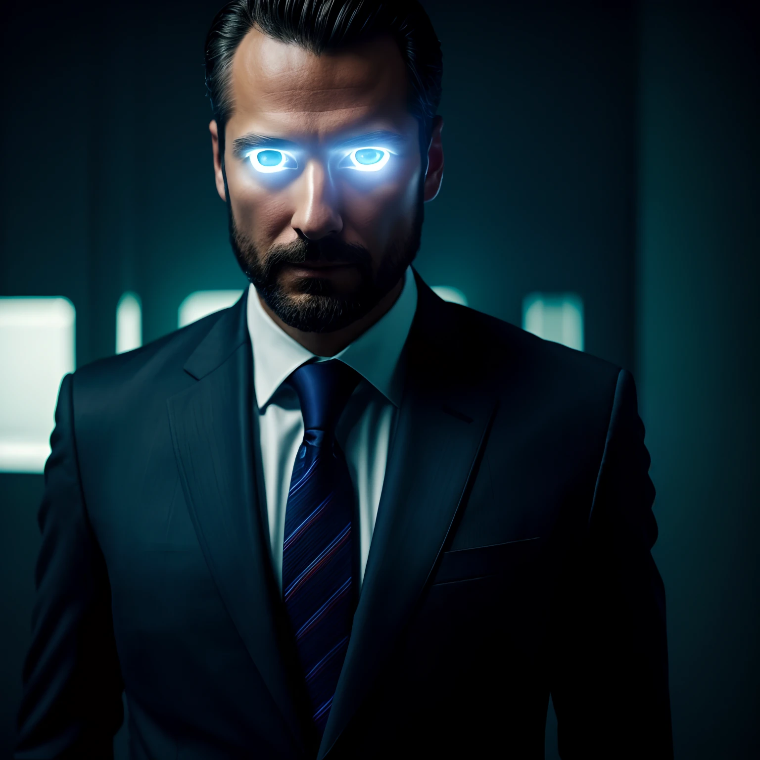 a Man standing with 30 years in suit and tie, robot face, body and robot head straight in the photo, facing the viewer of the photo, eyes fixed to the lens, appears shoulders and robot head in the photo, man centered in the photo, 8k, best quality, masterpiece, realistic, realistic photo, movie photo,  ultra realistic, 1 person, detailed, perfect lighting, DSRL, professional photo, 4k