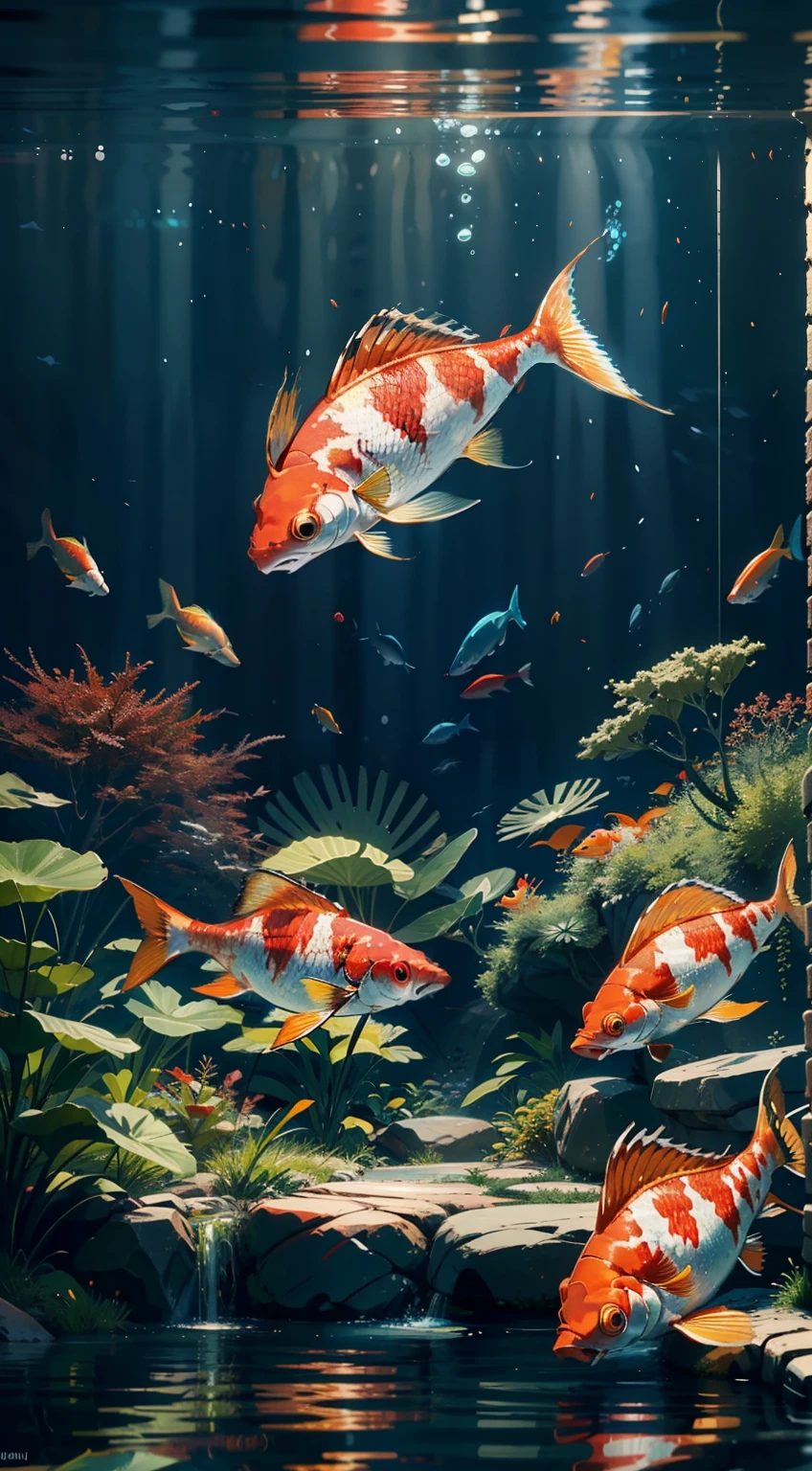 A large red carp swims freely in a deep pool,(Chinese koi),golden red fish tail,It has a visually striking carp head,long whiskers,Nearby is a blue carp,There is also a rainbow-colored fish,The vista is a few small fish,Lots of blisters,Several species of seaweed,A plant,Water streaks,Light shines from underwater to underwater,Elevation viewing angle,(light and shadow effect),(Depth of field effect),(Tyndall),(Light particle tracing),(CG),(Cinematic lighting visuals),(Volumetriclighting),(Unreal 5),(cinema4d),(vivd colour),(Obvious layers),(Photography Award),(8k wallpaper),(Masterpiece),(best qualtiy), photorealestic,realisticlying