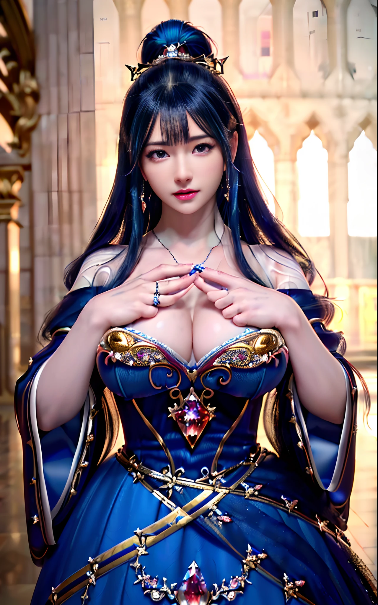 ((realisticity: 1.2)), ((realistic: 8K UHD)), ((best resolution: 8K UHD)), hyper detailed, best quality,masterpiece,highres,cg, ((1 girl hyper detailed and hyper realistic) ) , ((beautiful queen, hyper realistic and hyper detailed)),((white skin, beautiful, smooth, youthful, hyper realistic and hyper detailed )), ((Face hyper beautiful, white, hyper realistic and hyper detailed ) ), long hair, ((hyper realistic and hyper detailed dress)), solo, ((hyper realistic, hyper beautiful, beautiful and hyper detailed jewelry)), ((hyper beautiful deep red and golden yellow dress, hyper realistic and hyper detailed )) , ((Her pretty, hyper realistic, hyper detailed diamond filled earrings)), ((Her gorgeous diamond haircut, hyper realistic and hyper detailed)), ((hyper pretty upper body, hyper beautiful, hyper realistic and hyper detailed) ), ((medium : 1.1)), ((hyper realistic, hyper pretty, hyper detailed boobs)the backgroun of the royal palace is hyper majestic, hyper realistic and hyper detailed)),((hands and palms hyper beautiful, hyper detailed, hyper realistic)), ((hyper detailed and hyper realistic fingers and fingernails)), ((hyper pretty fingernails, hyper vivid, hyper detailed, hyper realistic)), ((thumb, index finger, middle finger, ring finger, little finger hyper vivid, hyper pretty, hyper detailed, hyper realistic)), ((hyper beautiful fingers, hyper detailed, and hyper realistic)), ((posture not too fat and not too thin, hyper realistic, hyper detail)), ((hyper pretty, hyper pretty, hyper realistic and hyper detailed hair bun)), ((hyper pretty , hyper realistic and hyper detailed blue hair)), candid, Photo, high resolution, 8k , bokeh,