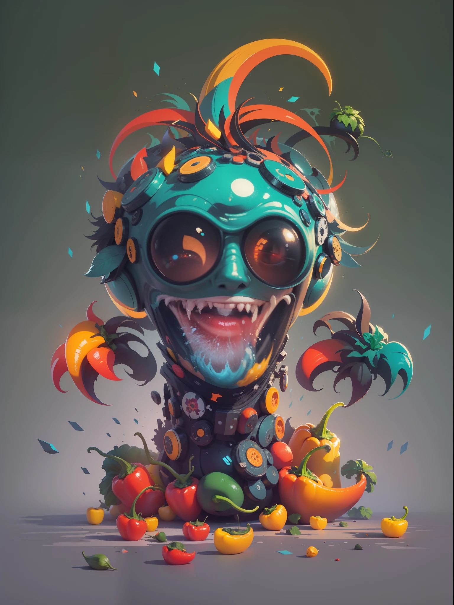 A hip colorful pepper design with a futuristic feel, in the style of colorful vector, isolated on a black background, detailed character illustrations, high - contrast shading, Ultra HD, nihilcore, colorful cartoon, illustration --upbeta