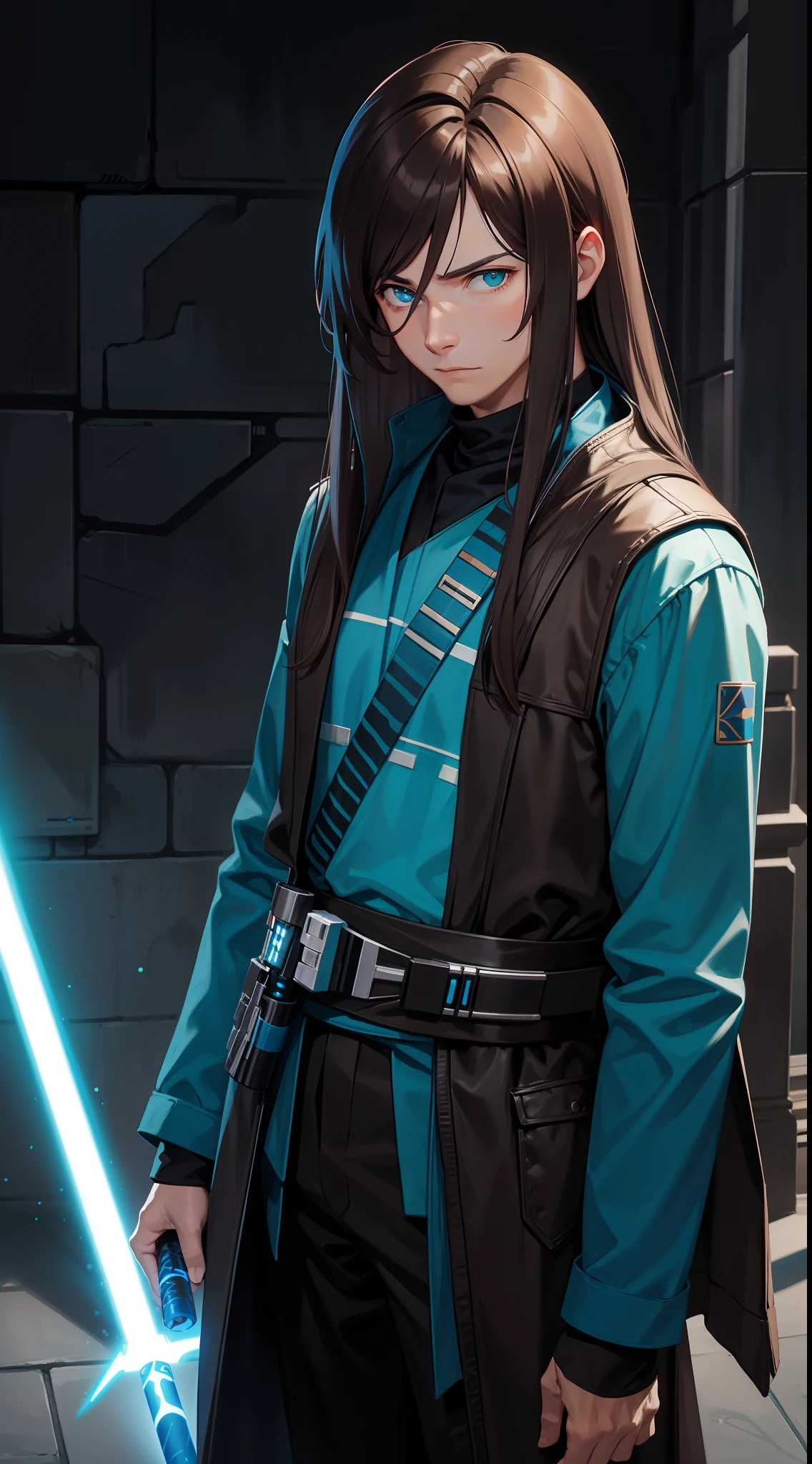adult man, Long brown hair, Cyan eyes, Blue Rob Jedi, Lightsaber, Darth Revan, Masterpiece, hiquality