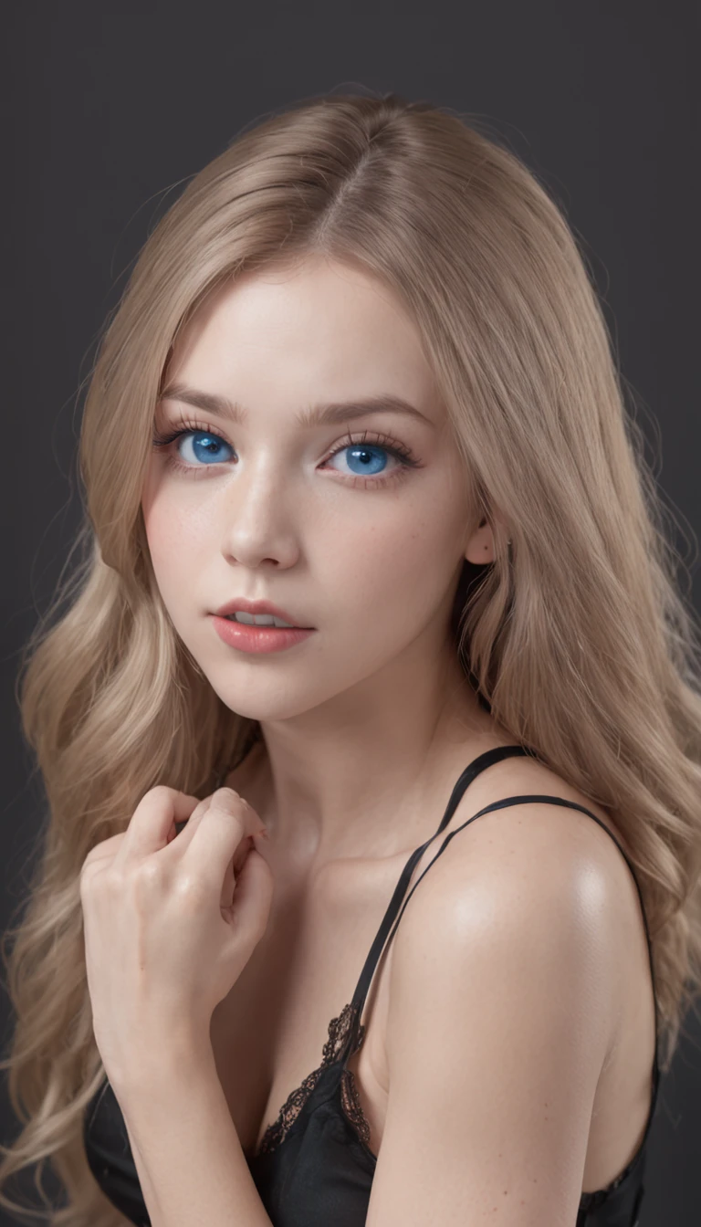 14years, Beautiful girl with bright blue eyes, shocked expression,wide eyes, Lying on her back, 、（Black silk tight outfit）、（Wearing a short tank top）, (breasts of medium size,),8K, Raw photo, highly detailedskin, Exposed, Photography, masutepiece, Best Quality, Gorgeous light blonde long hair, Ultra-detailed face, Detailed blue eyes, ((No closeup)), Front Angle, yawning, Very wide open mouth, Spread legs、Wet Open ,(((Pubic hair))).