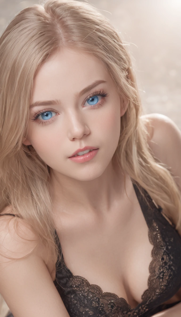 ars, Beautiful girl with bright blue eyes, shocked expression,wide eyes, Lying on her back, 、(Black silk tight outfit)、(Wearing a short tank top), (breasts of medium size,),8K, Raw photo, highly detailedskin, Exposed, Photography, masutepiece, Best Quality, Gorgeous light blonde long hair, Ultra-detailed face, Detailed blue eyes, ((No closeup)), Front Angle, yawning, Very wide open mouth, Spread legs、Wet Open ,(((Pubic hair))).