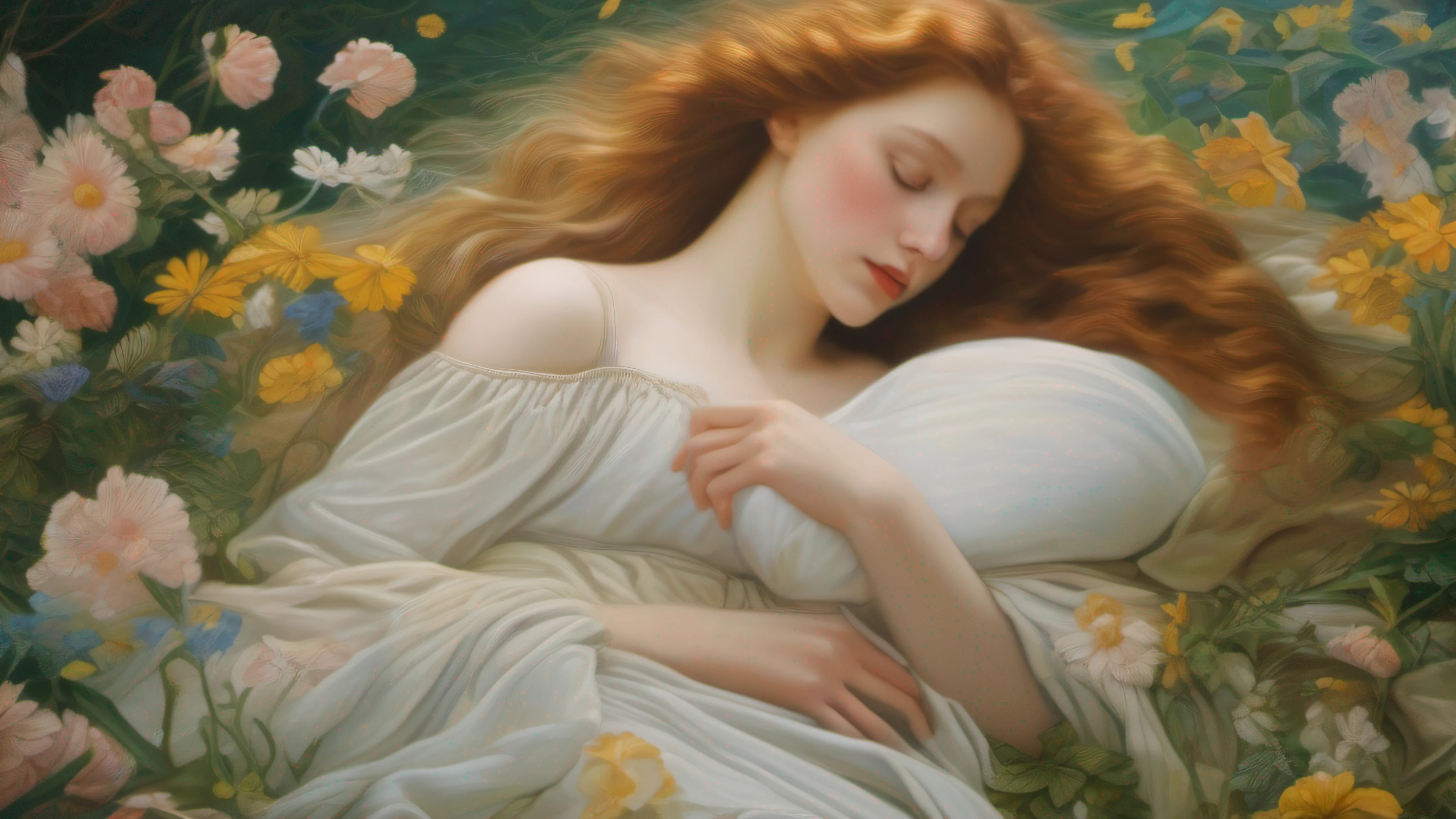 pintura de uma mulher deitada em uma cama com flores em primeiro plano, uma pintura fotorrealista inspirada em Edward Robert Hughes, Tumblr, pre-raphaelitism, Maria Jane Ansell, Chie Yoshii, Ophelia, persephone in spring, monia merlo, vincent desiderio, Pre-Raphaelite, David Hamilton, a still of an ethereal, Pre-Raphaelite style