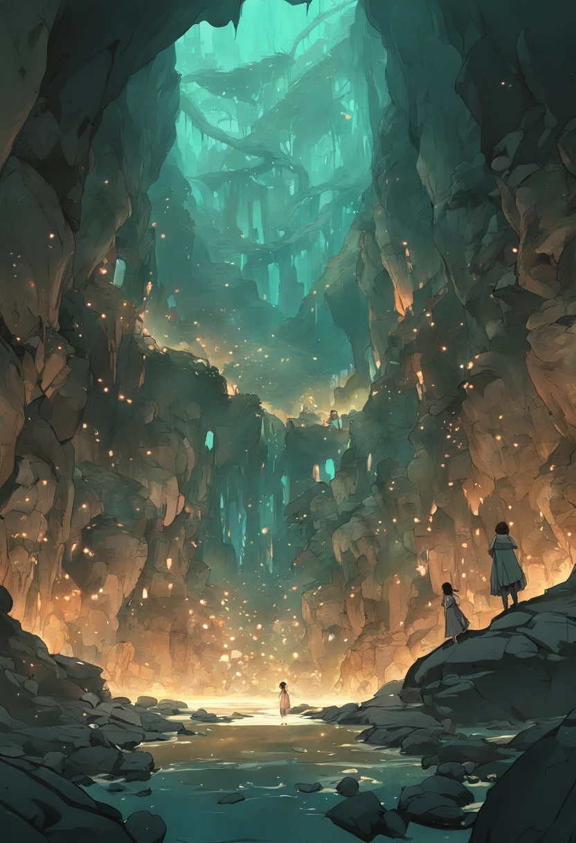 interior de uma caverna cortada por um rio profundo, escuro e caudaloso, obra prima, estilo fantasia, imagination.