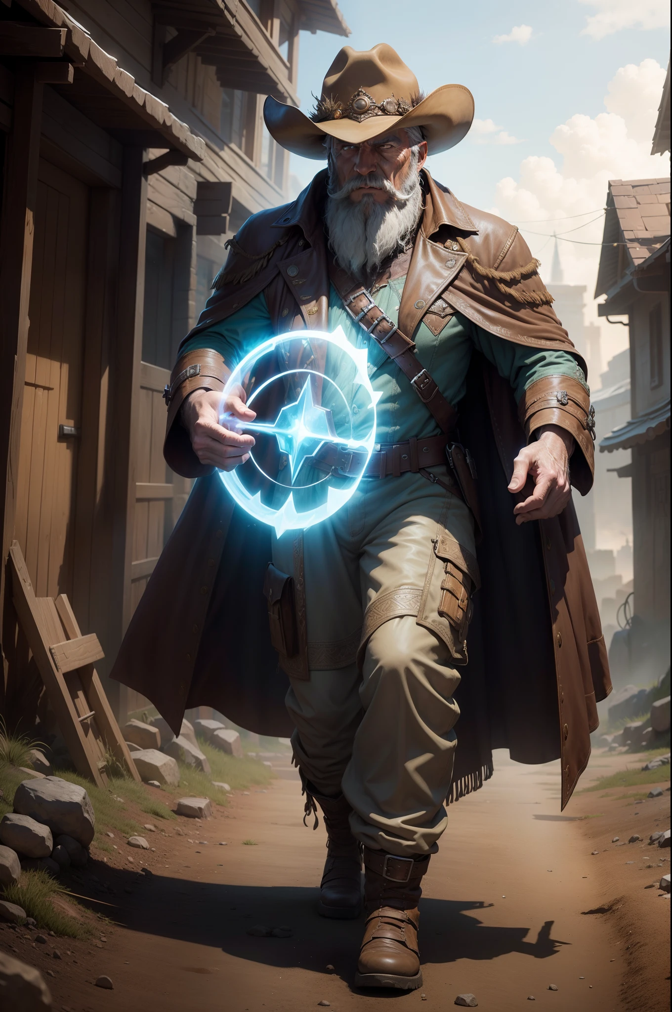 imagine a bearded old mage cowboy wearing a glowing magical trenchcoat, from the everquest realm, he's walking out of a portal walking in a western post apocalyptic town, he's wearing a magical trench coat, highly detailed, intricate, trending on artstation, shot on Sony A7s iii