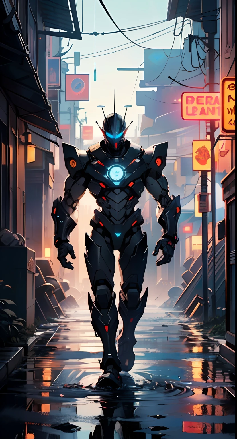 Imposing black plastic metal android robot,three meters tall and with a minimalist design that highlights its marked metallic musculature. His head is smooth and adorned with RGB lights that highlight his uniqueness and futurism.

He carries a metal backpack on his back that contains drones,turrets,and firearms. The backpack has spidery legs that allow it to move quickly.

Although most of his body is a deep,glossy black,there are orange,purple,and blue details that highlight his striking,futuristic design. It is undoubtedly an impressive creation that does not go unnoticed.

(((muscular))),hypermuscle, hyper muscles,carbon robot,humanoid robot, robot, robot joints, joints, helmet, armor, head-mounted display,

(dynamic pose:1.0),solo focus,centered,scale to fit dimensions,Rule of thirds,

((((cyberpunk city by the ocean,huge buildings,neon signs,puddles)))),stormy sky,threatening sky,dark clouds,((synthwave background theme,detailed background : 1.25)),((((night,nice lighting decorations,detailed architecture)))),

(best quality),(high resolution),(sharp focus),(ultra detailed),(extremely detailed),(extremely high quality artwork),8k_wallpaper,(extremely detailed CG 8k),(very fine 8K CG),((hyper super ultra detailed perfect piece)),flawless,(((masterpiece))),illustration,vibrant colors,(intricate),High contrast,Selective lighting,Double exposure,HDR (High Dynamic Range),Post-processing,Background blur,