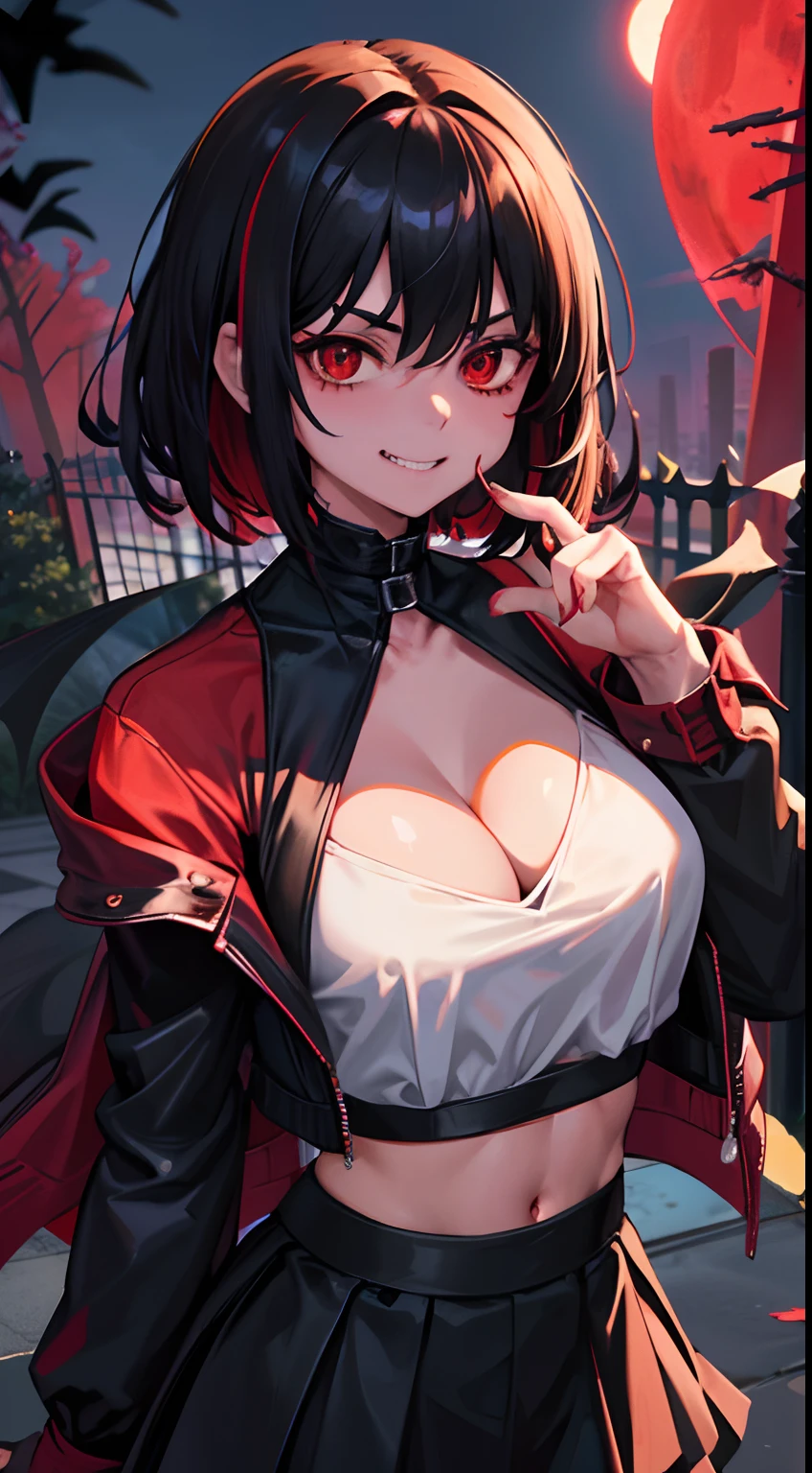 bad-girl, mature female, masterpiece, best quality, ultra detailed, 1girl, black hair with red streaks, short hair, red eyes, glowing eyes, detailed eyes, evil smile with fangs, blood dripping from mouth, short white shirt stained with blood, black skirt, navel , cleavage, night, moonlight, trees, plants, flowers, bats, horror scenery, detailed scenery