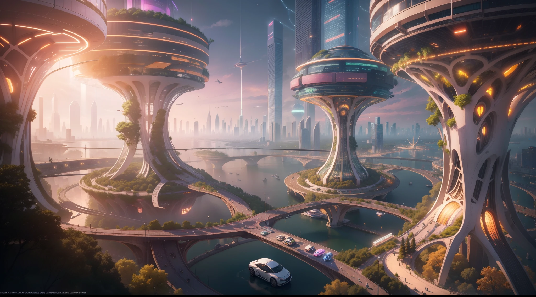 In the vibrant future of 2050, imagine a world where cities float in the sky, connected by an intricate network of suspended streets. The lights from the skyscrapers mix with those from the flying cars, while the driverless vehicles move non-stop. In the elevated parks, tech trees have flourished, emitting an iridescent light instead of traditional leaves.