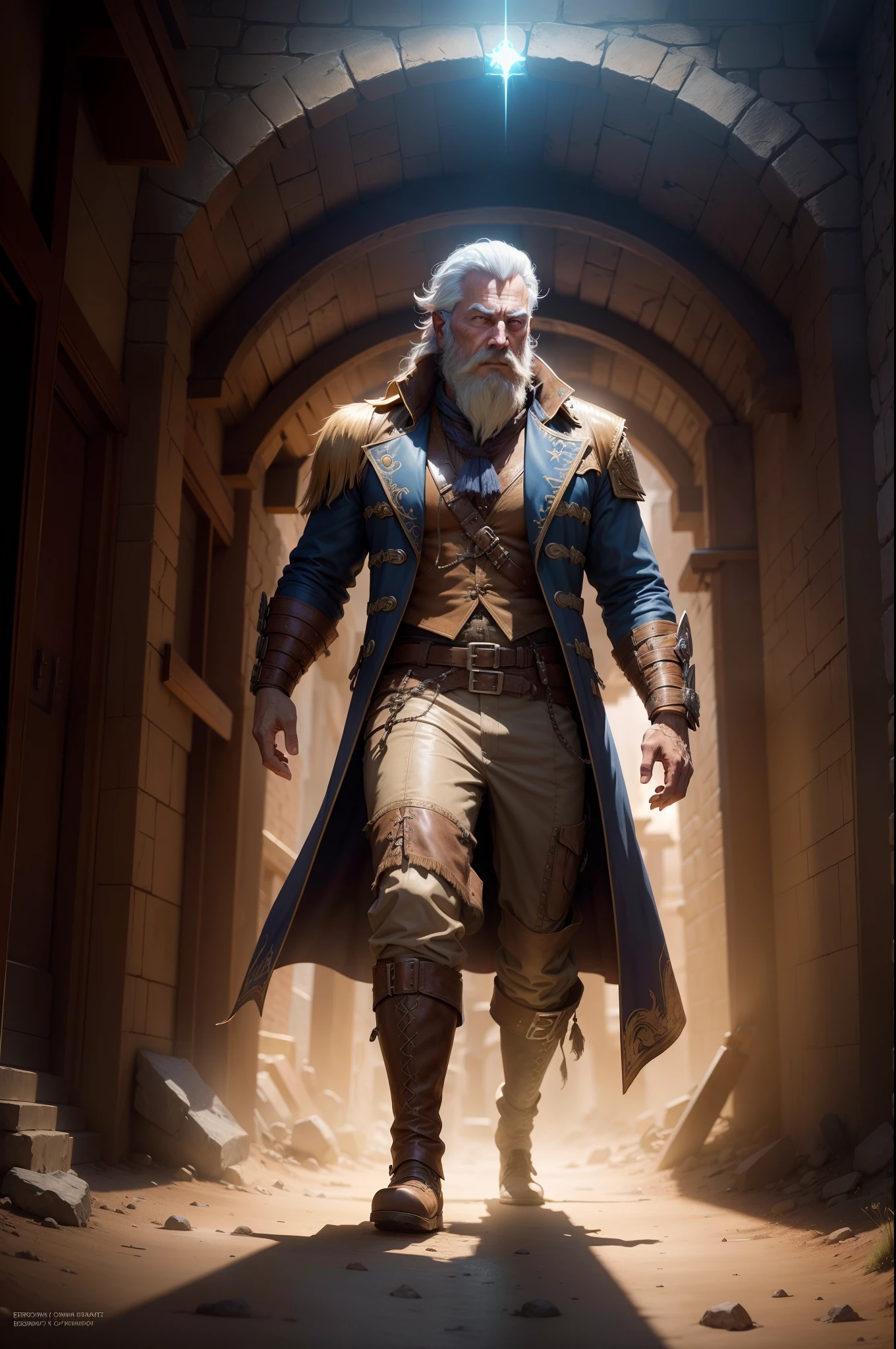 imagine a bearded old mage cowboy wearing a glowing magical trenchcoat, from the everquest realm, he's walking out of a portal walking in a western post apocalyptic town, he's wearing a magical trench coat, highly detailed, intricate, trending on artstation, shot on Sony A7s iii