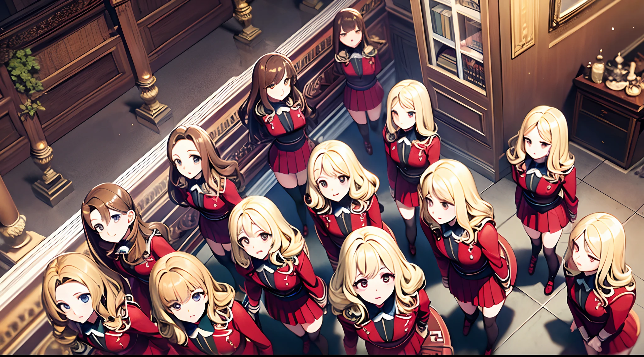 (Anime screencap), (masterpiece, high quality, best quality), brown hair, blonde hair, curly hair, hazel eyes, red sexy skirt suits, red blazers, red pencil skirts, white thighhighs, black high heels, uniforms, (thousands of, millions of, crowd of), identical girls, crowd shot, identical sisters, clones, (matching hairstyles, matching outfits, matching faces), (crowded, filled with clones), in straight lines, shoulder to shoulder, clones in background, in perfect formation, same pose, straight arms, arms on sides, smiles, mansion, (full body, family picture, sisters only)