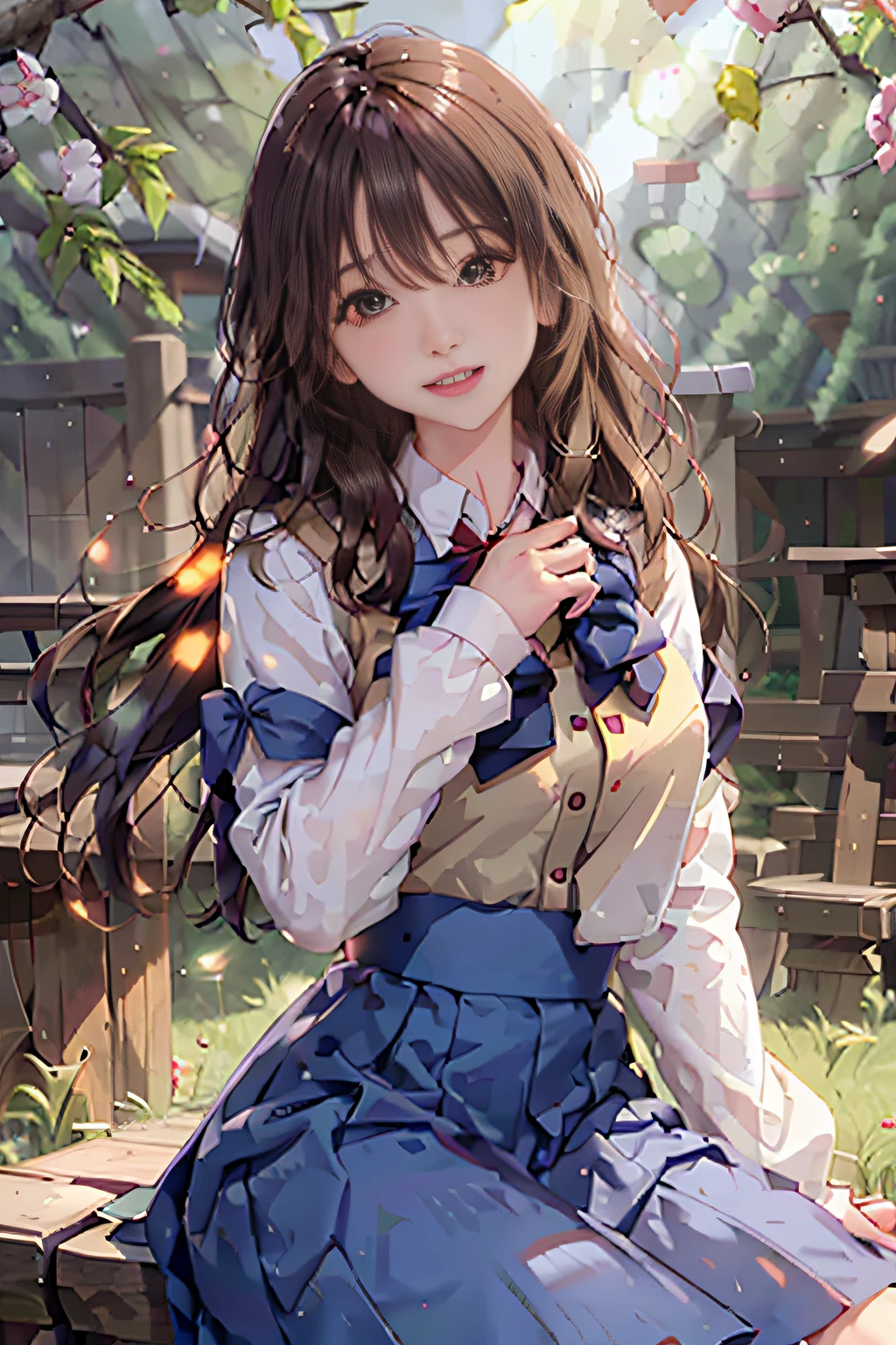 （8k，best qualtiy，tmasterpiece：1.2），（realisticlying，realisticlying：1.37），ultra - detailed，best qualtiy，超高分辨率，profesional lighting，photon maping，Radio City，physically-based renderingt，cinmatic lighting，grassy fields,Depth of field where it rains,Clear focus,rays of sunshine,Good composition,(bokeh:1.2) 1girl,solo,(close up view),  美丽细致的眼睛,  grin face   ,pose,   a narrow waist,  Bigchest,   (She wears a short skirt in a blue JK uniform,JK skirt,blue colors），black color hair，messy  hair，Long hair fluttering in the wind，(ulzzang-6500:1.2)