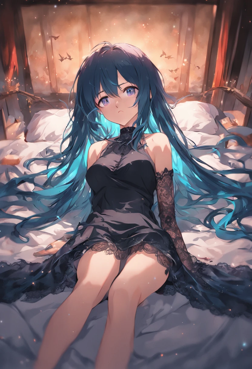 Anime girl with long blue hair and different eyes, Black transparent lace lingerie，The room lay on the bed，Temptation to open legs