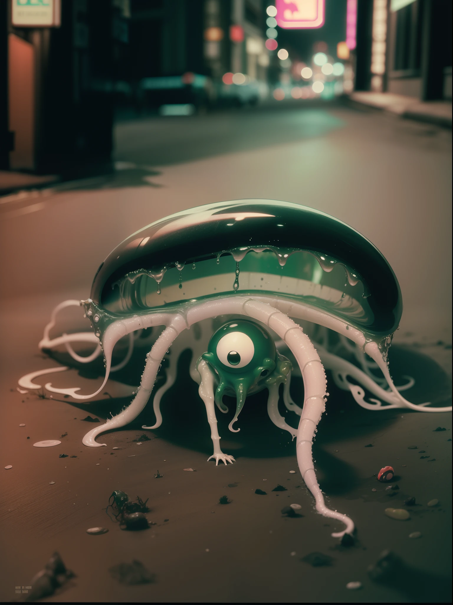 analogue photography of an abysmal slimy droopy anamorphic jelly creature crawling from the abyss in an off-broadway production, grungy poster, 35mm film photography, filmgrain, rule of thirds, retro minimalism, neon streets, slightly horroresque
