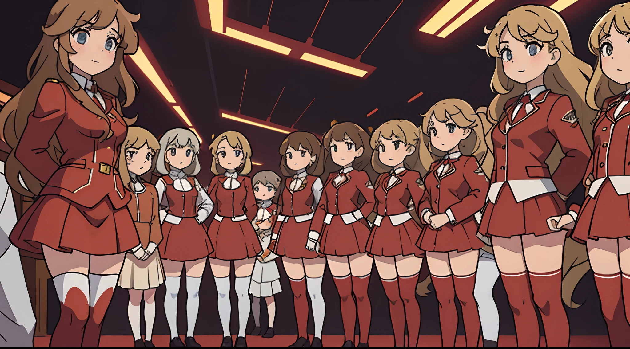 (Anime screencap), (masterpiece, high quality, best quality), brown hair, blonde hair, curly hair, hazel eyes, red sexy skirt suits, red blazers, red pencil skirts, white thighhighs, black high heels, uniforms, (thousands of, millions of, crowd of), identical girls, crowd shot, identical sisters, clones, (matching hairstyles, matching outfits, matching faces), (crowded, filled with clones), in straight lines, shoulder to shoulder, clones in background, in perfect formation, same pose, straight arms, arms on sides, smiles, mansion, (full body, family picture, sisters only)