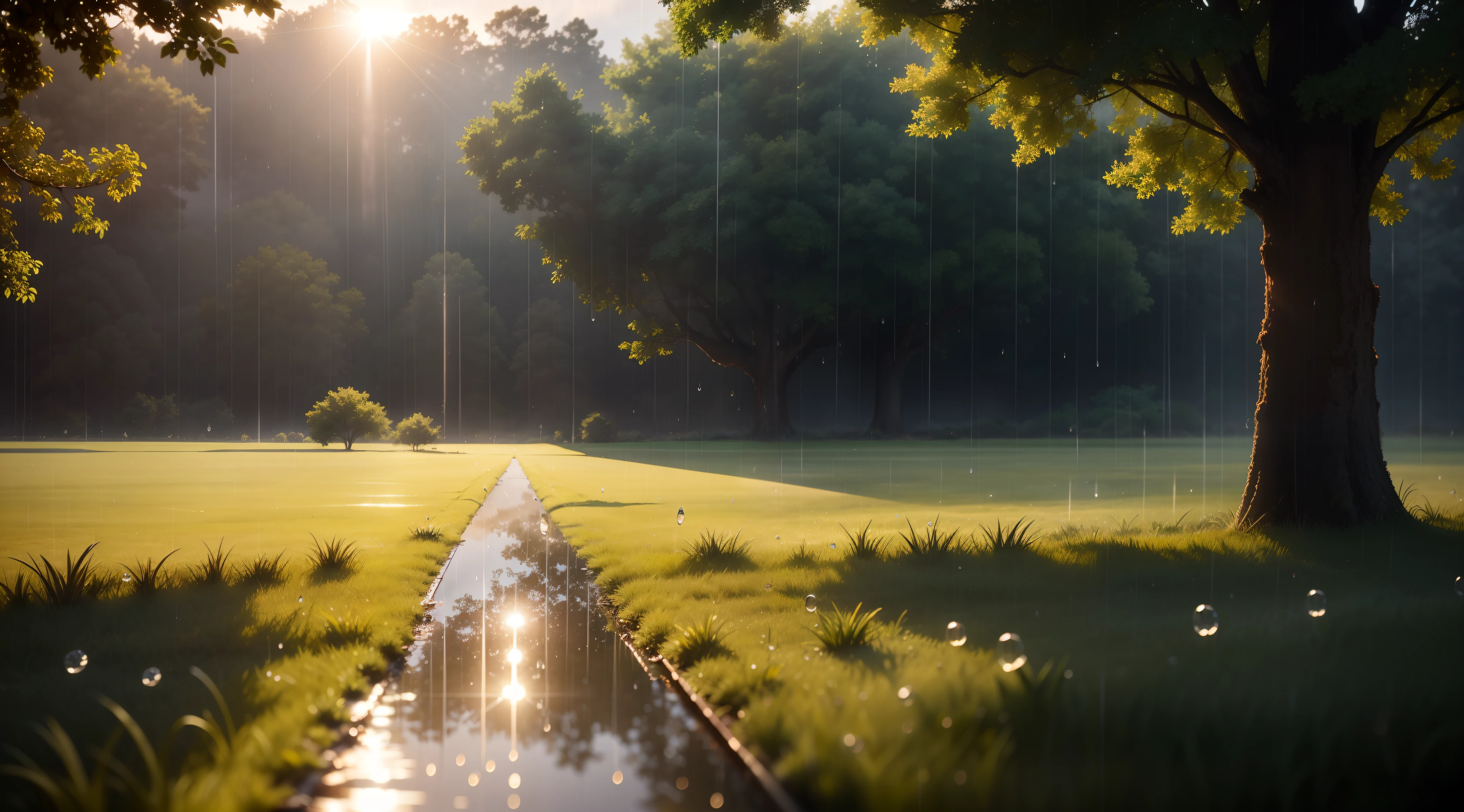 Ultra realistic, masterpiece quality, rain shower in open field ,(( sunlight reflecting through rain drops)), Cinematic, rain drops passing sunlight