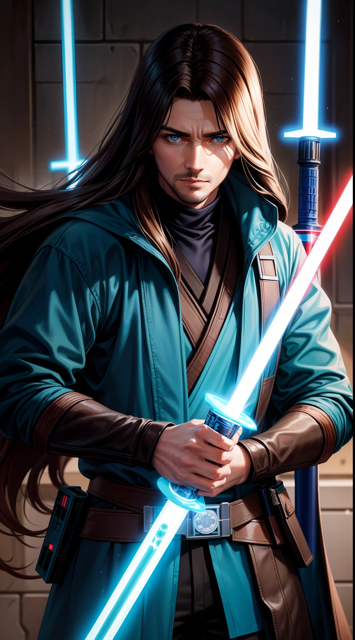 adult man, Long brown hair, Cyan eyes, Blue Rob Jedi, Lightsaber, Darth Revan, Masterpiece, hiquality