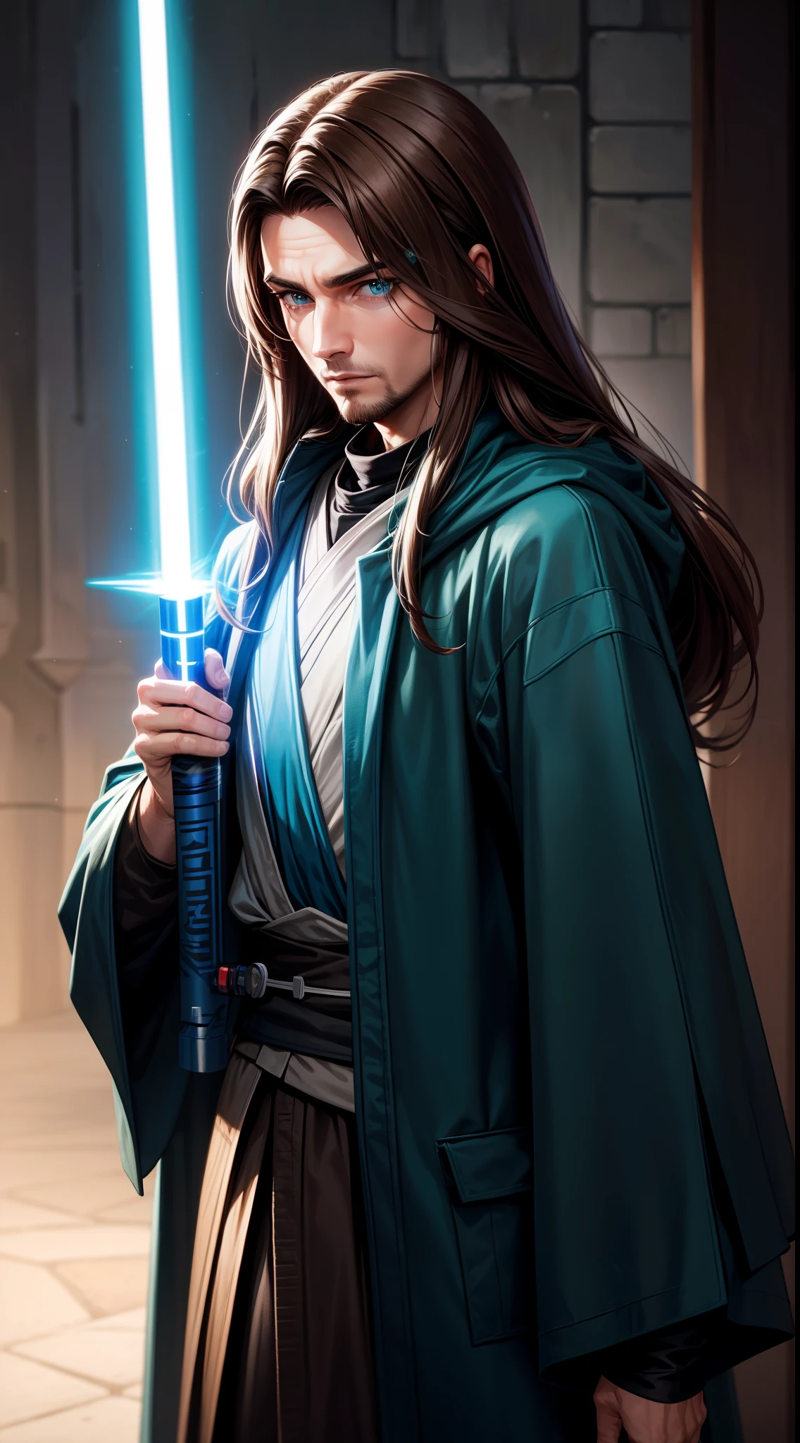 adult man, Long brown hair, Cyan eyes, Blue Rob Jedi, Lightsaber, Darth Revan, Masterpiece, hiquality