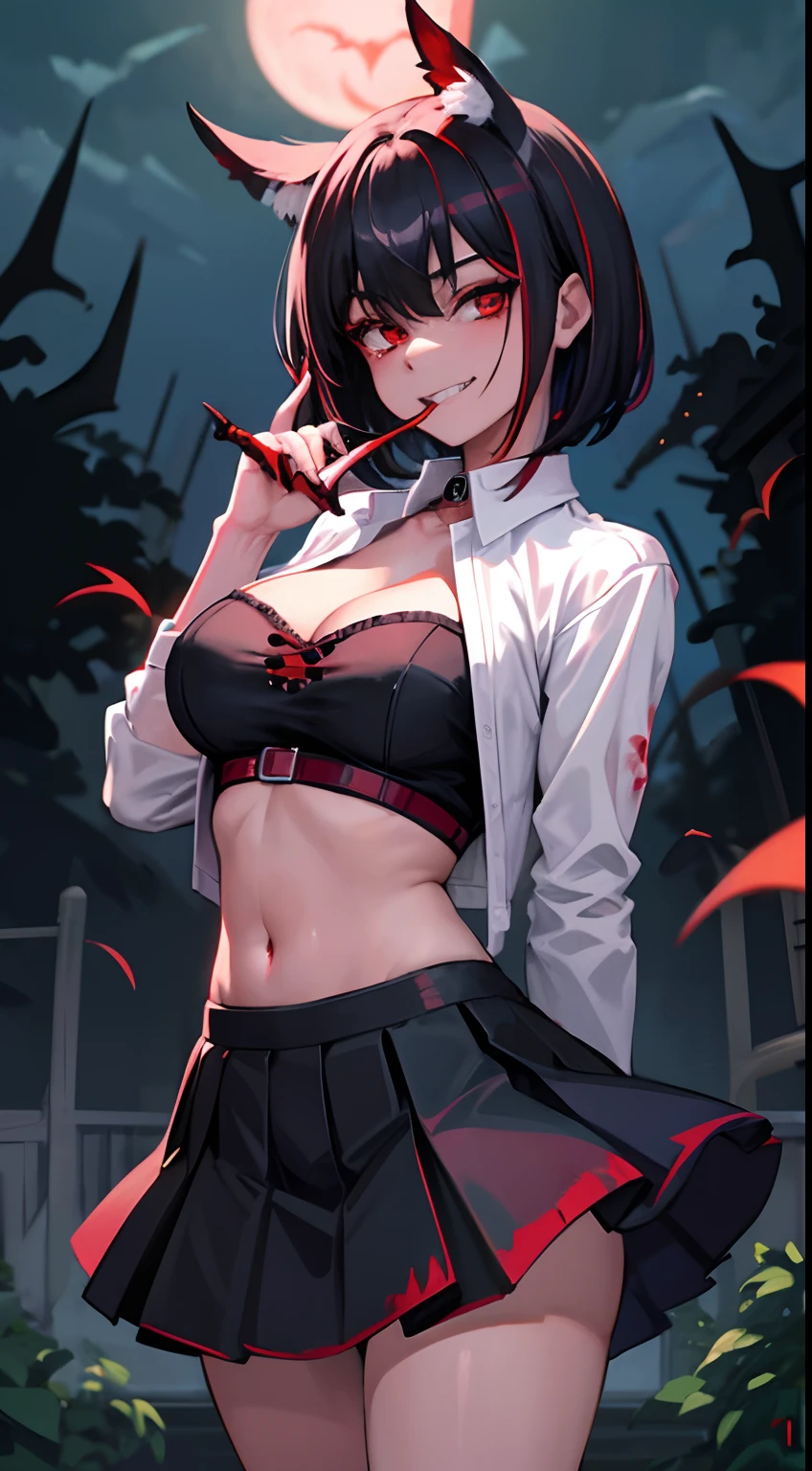 bad-girl, mature female, masterpiece, best quality, ultra detailed, 1girl, black hair with red streaks, short hair, red eyes, glowing eyes, detailed eyes, evil smile with fangs, blood dripping from mouth, short white shirt stained with blood, black skirt, navel , cleavage, night, moonlight, trees, plants, flowers, bats, horror scenery, detailed scenery