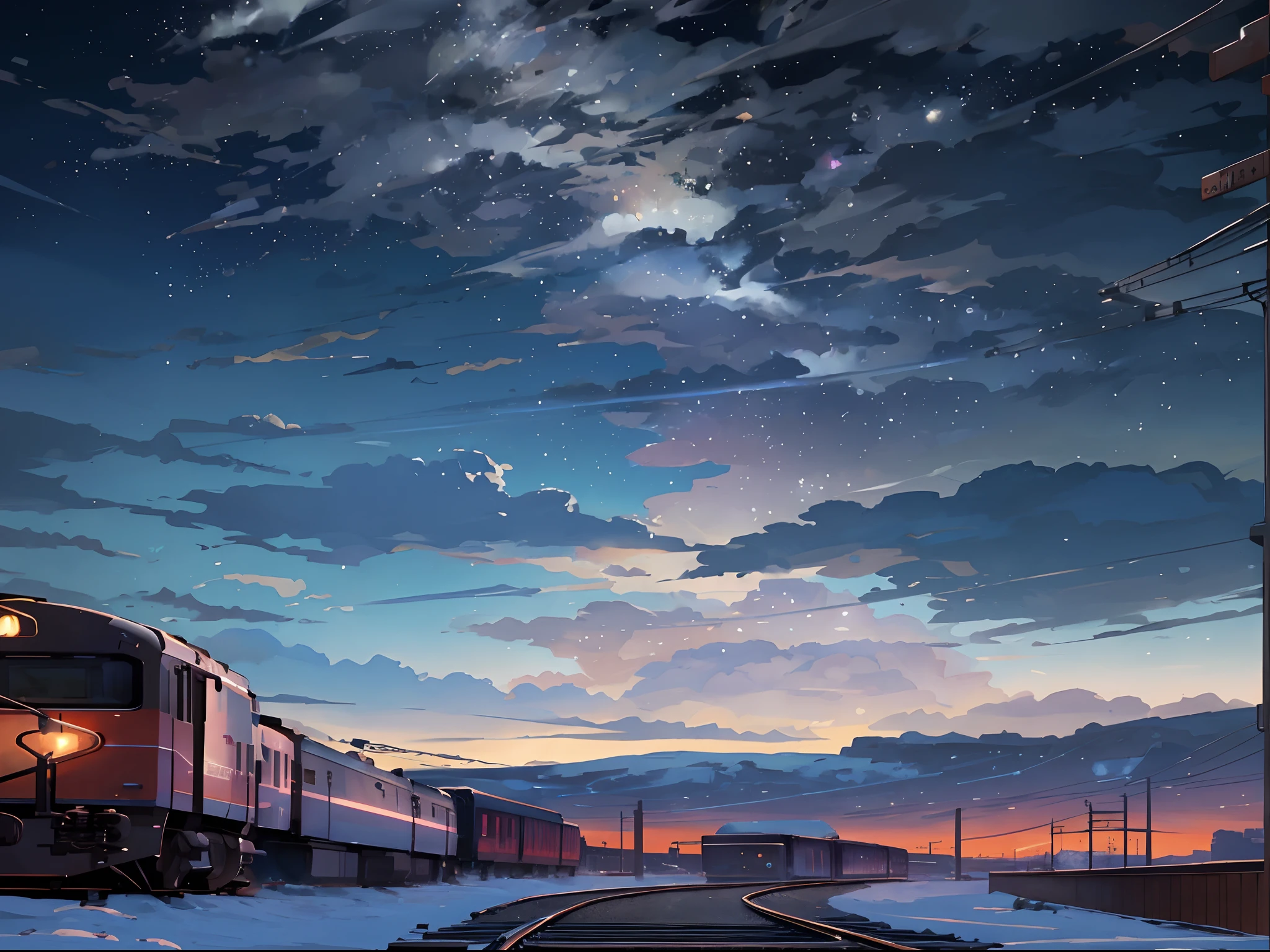 There is a train running along the tracks in the snow, Makoto Shinkai&#39;s concept art, tumblr, magic realism, beautiful anime scenes, cosmic sky. by makoto shinkai, ( ( makoto shinkai ) ), anime background art, anime backgrounds, Makoto Shinkai&#39;s style, anime movie backgrounds, galaxy express, no humans.