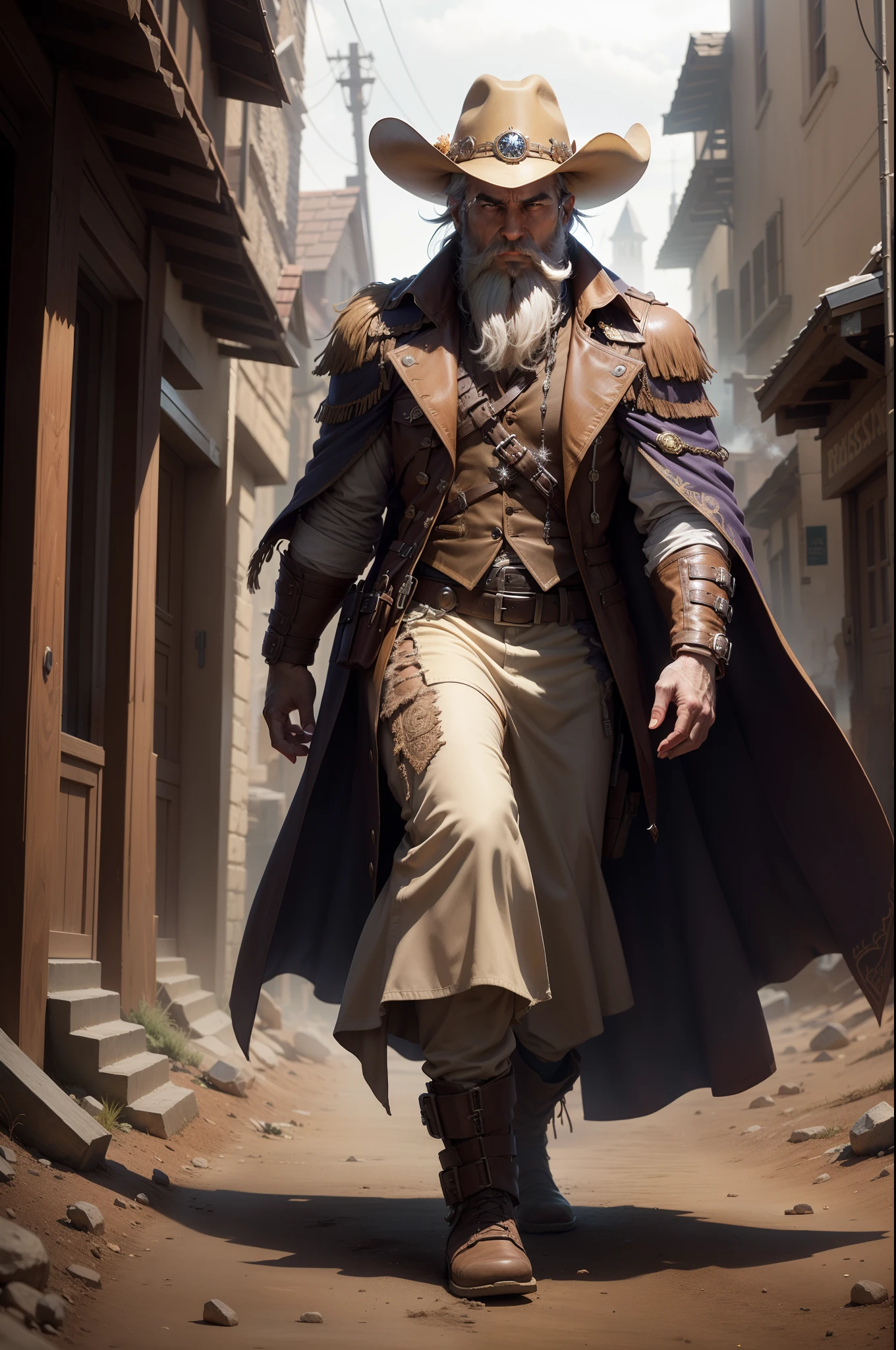 imagine a bearded old mage cowboy wearing a glowing magical trenchcoat, from the everquest realm, he's walking out of a portal walking in a western post apocalyptic town, he's wearing a magical trench coat, highly detailed, intricate, trending on artstation, shot on Sony A7s iii