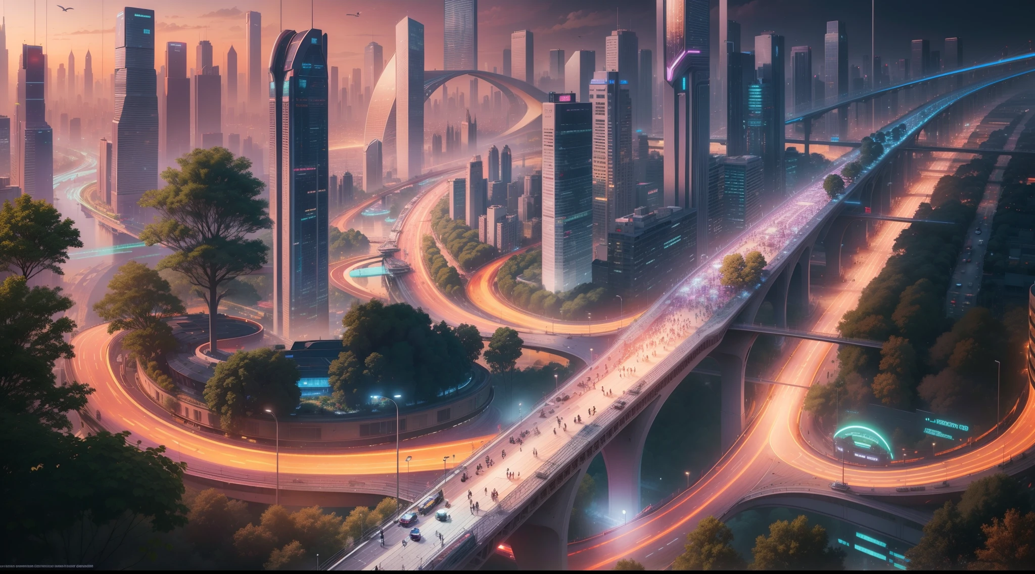 In the vibrant future of 2050, imagine a world where cities float in the sky, connected by an intricate network of suspended streets. The lights from the skyscrapers mix with those from the flying cars, while the driverless vehicles move non-stop. In the elevated parks, tech trees have flourished, emitting an iridescent light instead of traditional leaves.